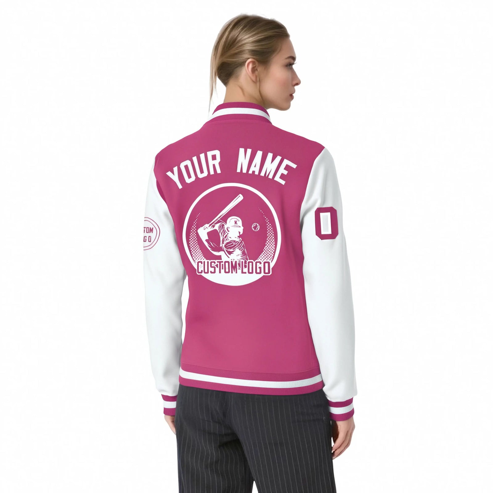 Custom Pink White Bomber Full-Snap Varsity Letterman Two Tone Jacket