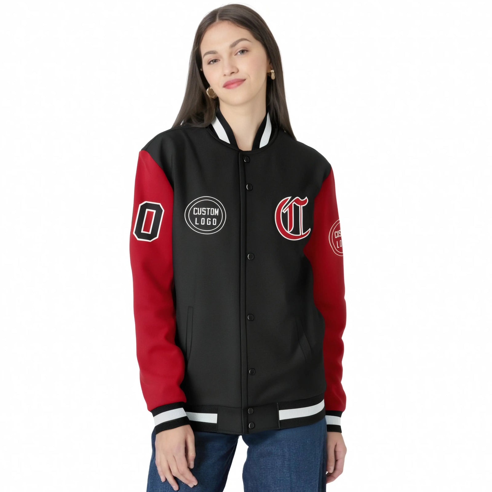 Custom Black Red Bomber Full-Snap Varsity Letterman Two Tone Jacket