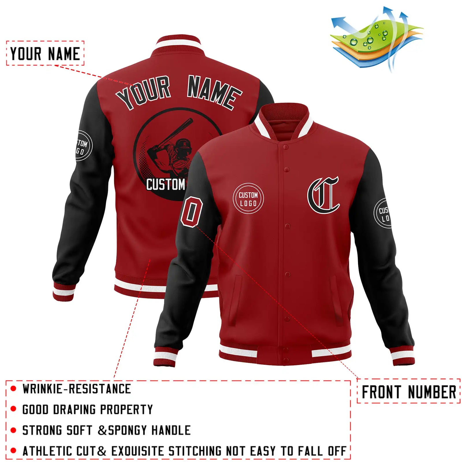 Custom Red Black Bomber Full-Snap Varsity Letterman Two Tone Jacket