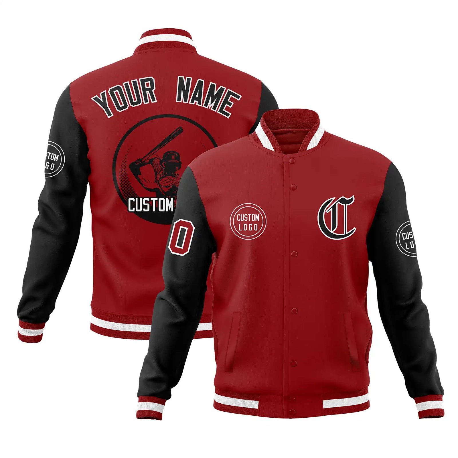Custom Red Black Bomber Full-Snap Varsity Letterman Two Tone Jacket