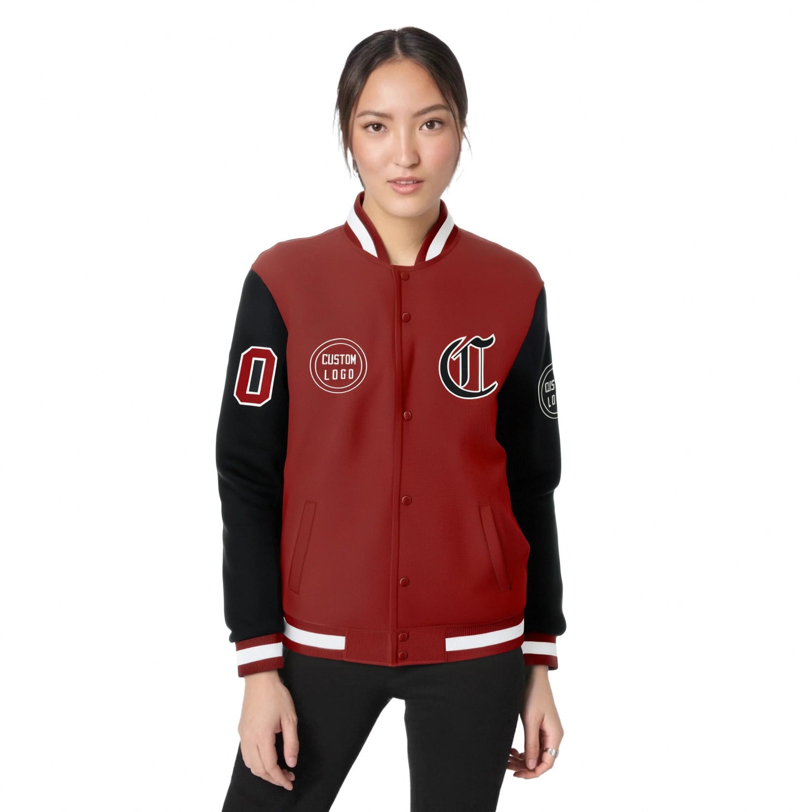 Custom Red Black Bomber Full-Snap Varsity Letterman Two Tone Jacket