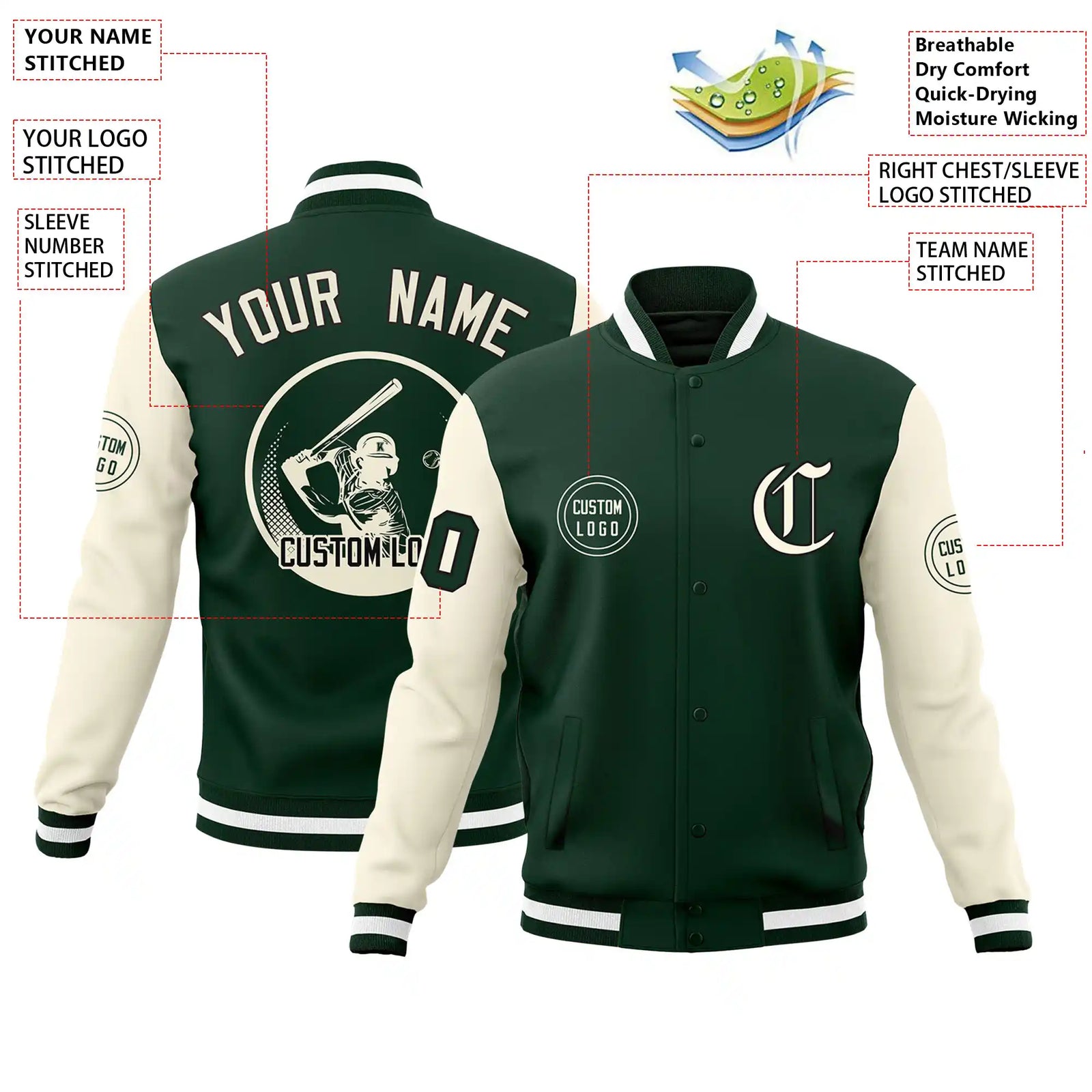 Custom Green Cream Bomber Full-Snap Varsity Letterman Two Tone Jacket
