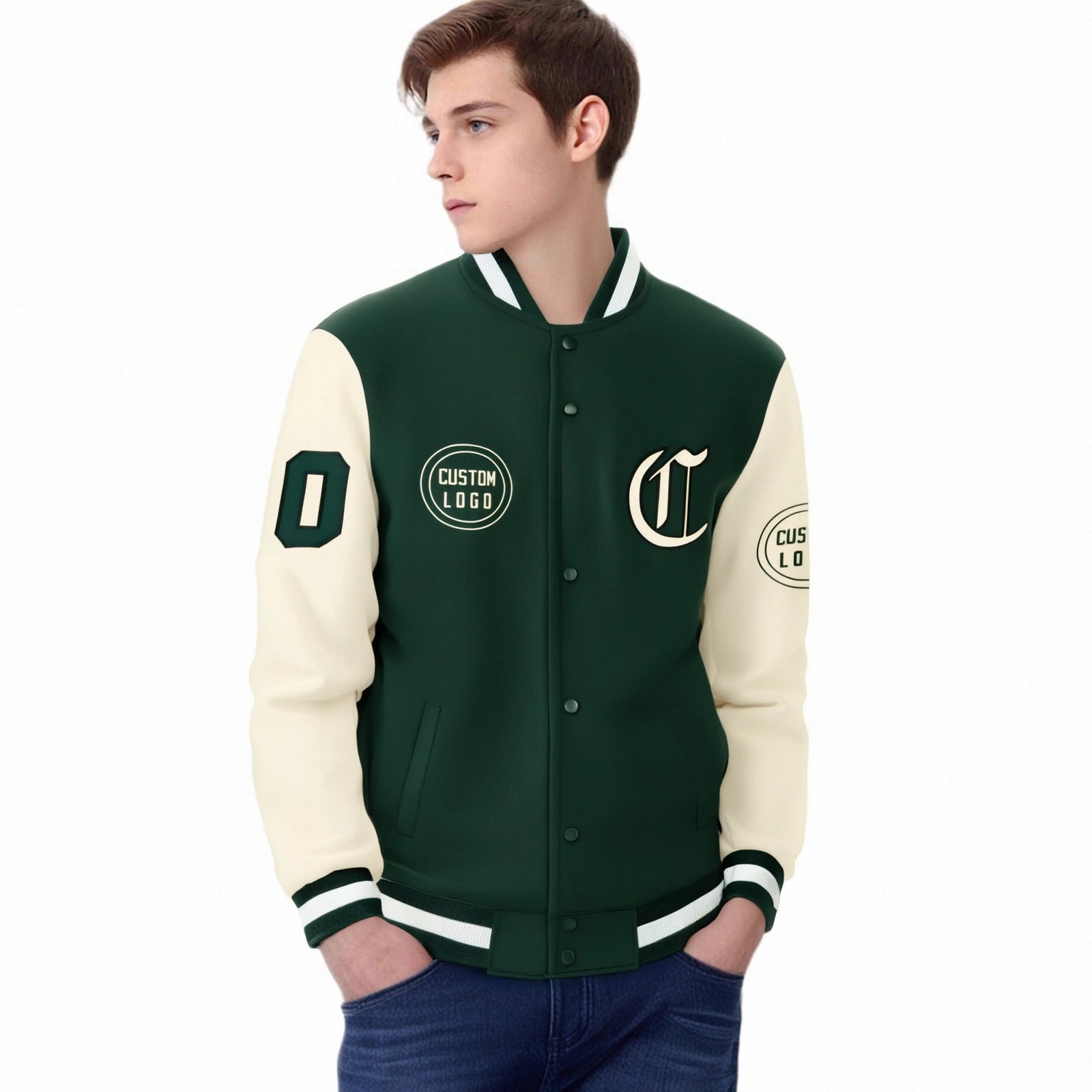 Custom Green Cream Bomber Full-Snap Varsity Letterman Two Tone Jacket