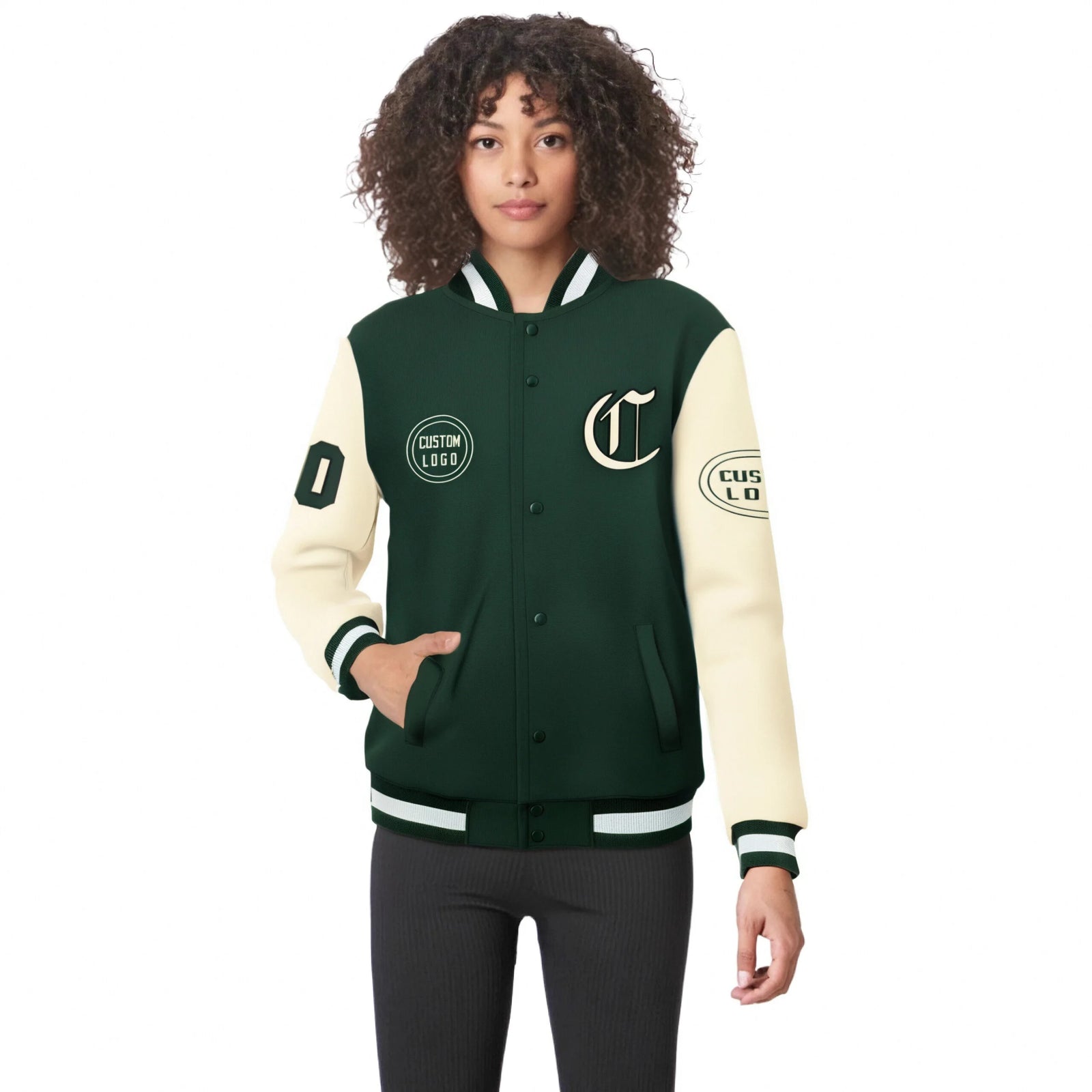 Custom Green Cream Bomber Full-Snap Varsity Letterman Two Tone Jacket