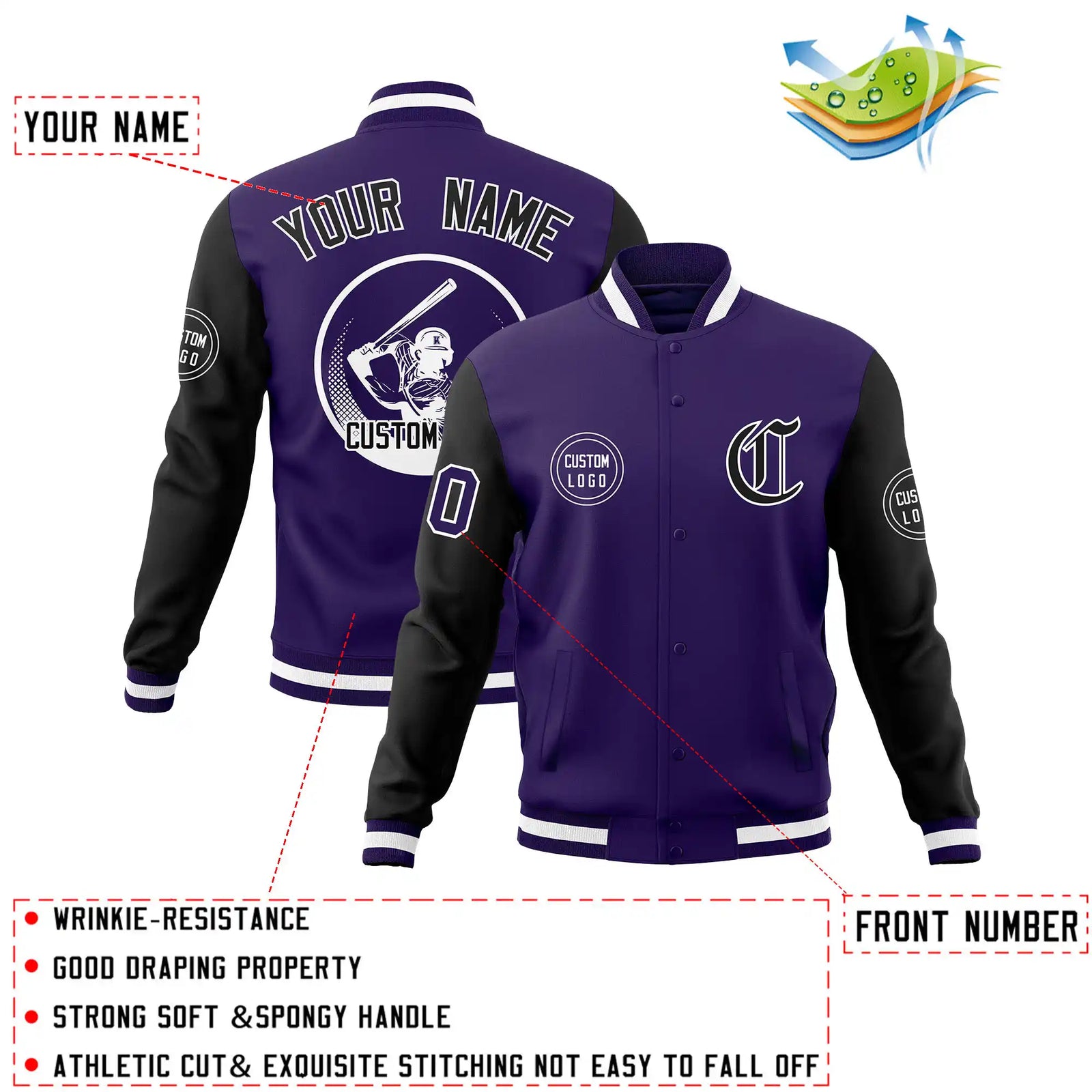 Custom Purple Black Bomber Full-Snap Varsity Letterman Two Tone Jacket