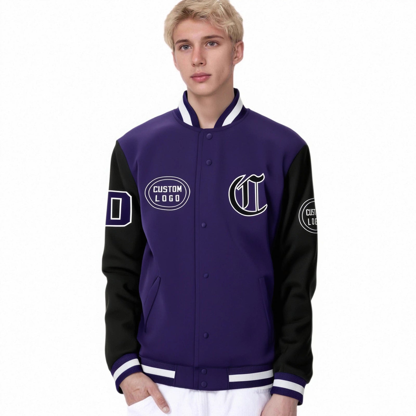 Custom Purple Black Bomber Full-Snap Varsity Letterman Two Tone Jacket