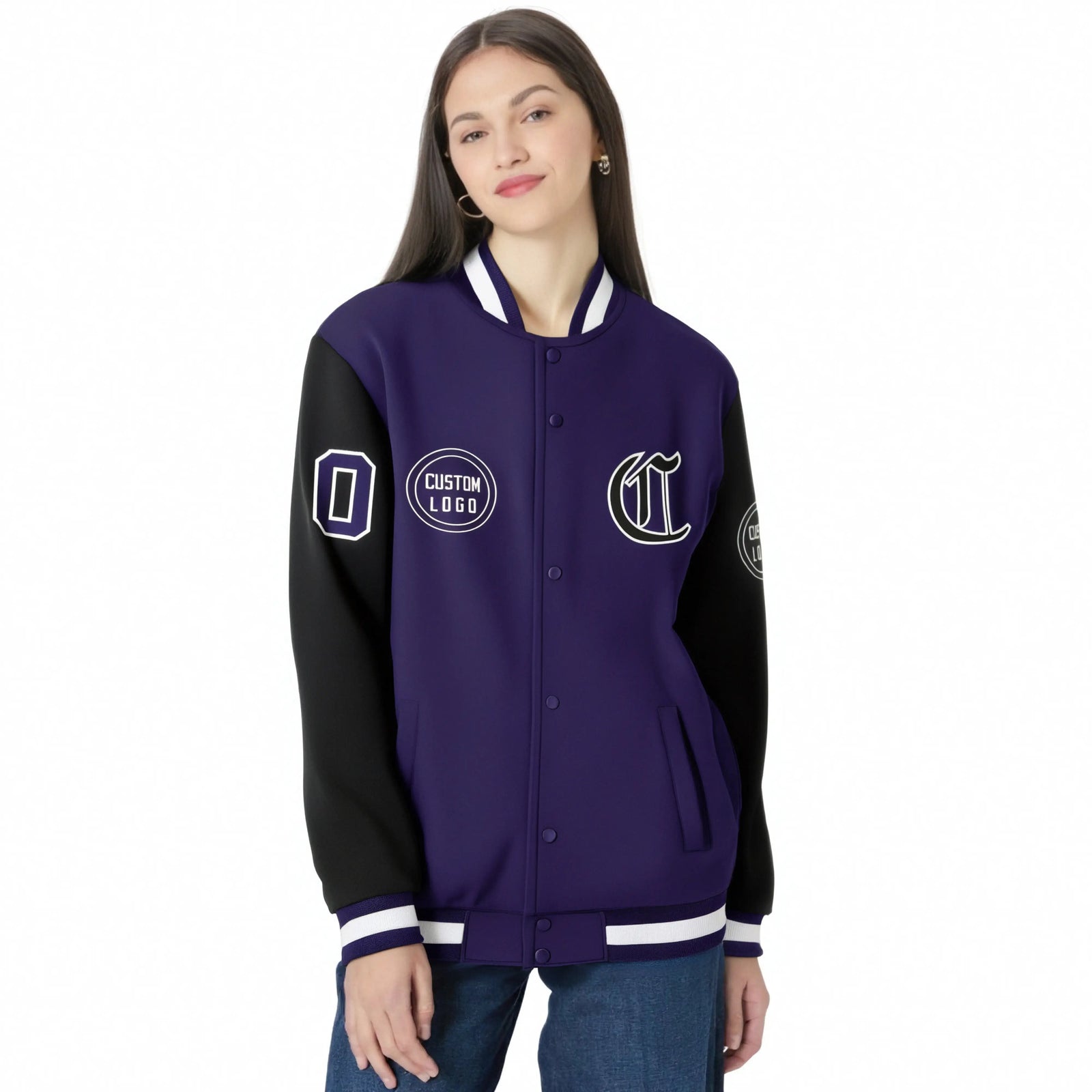 Custom Purple Black Bomber Full-Snap Varsity Letterman Two Tone Jacket