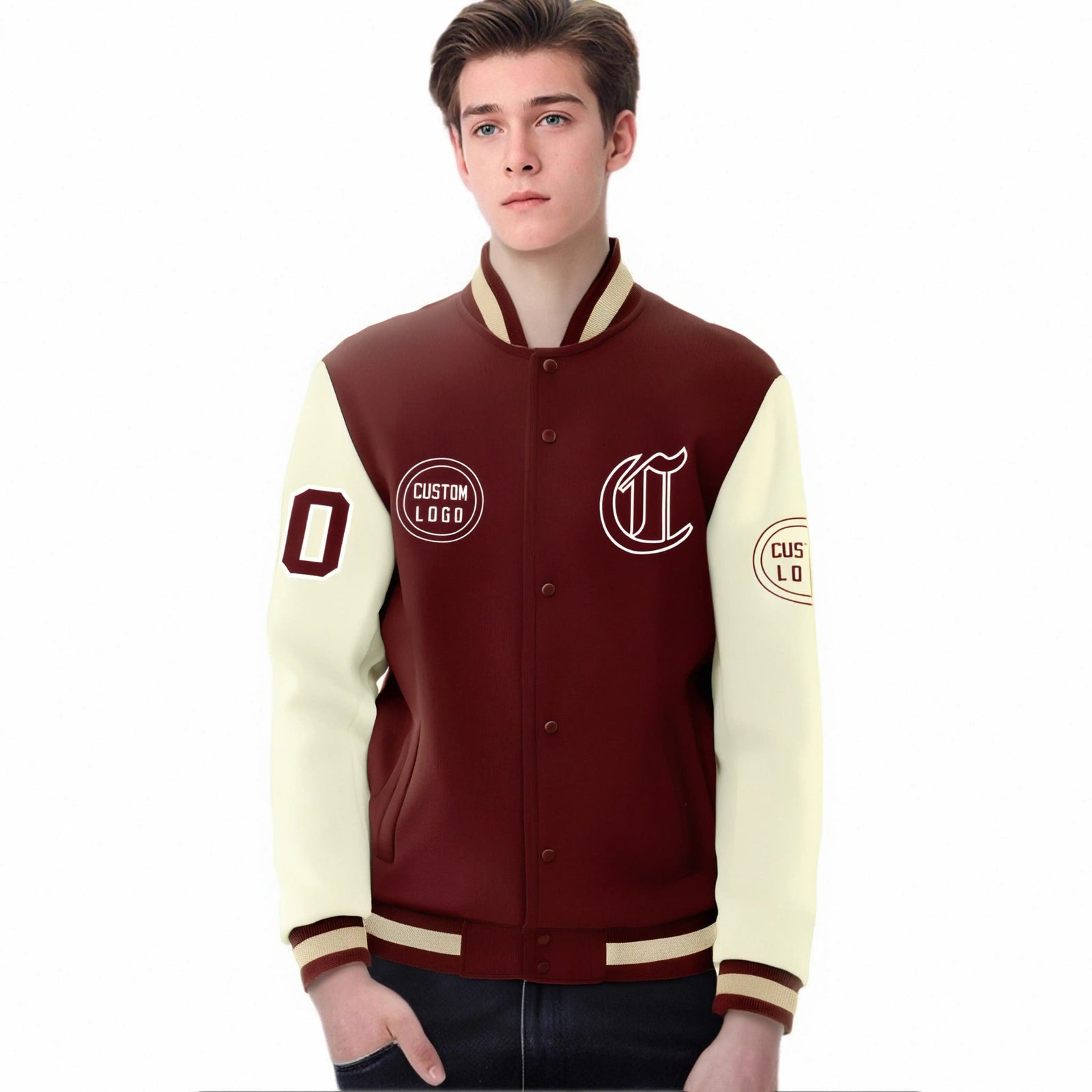 Custom Crimson Khaki Bomber Full-Snap Varsity Letterman Two Tone Jacket