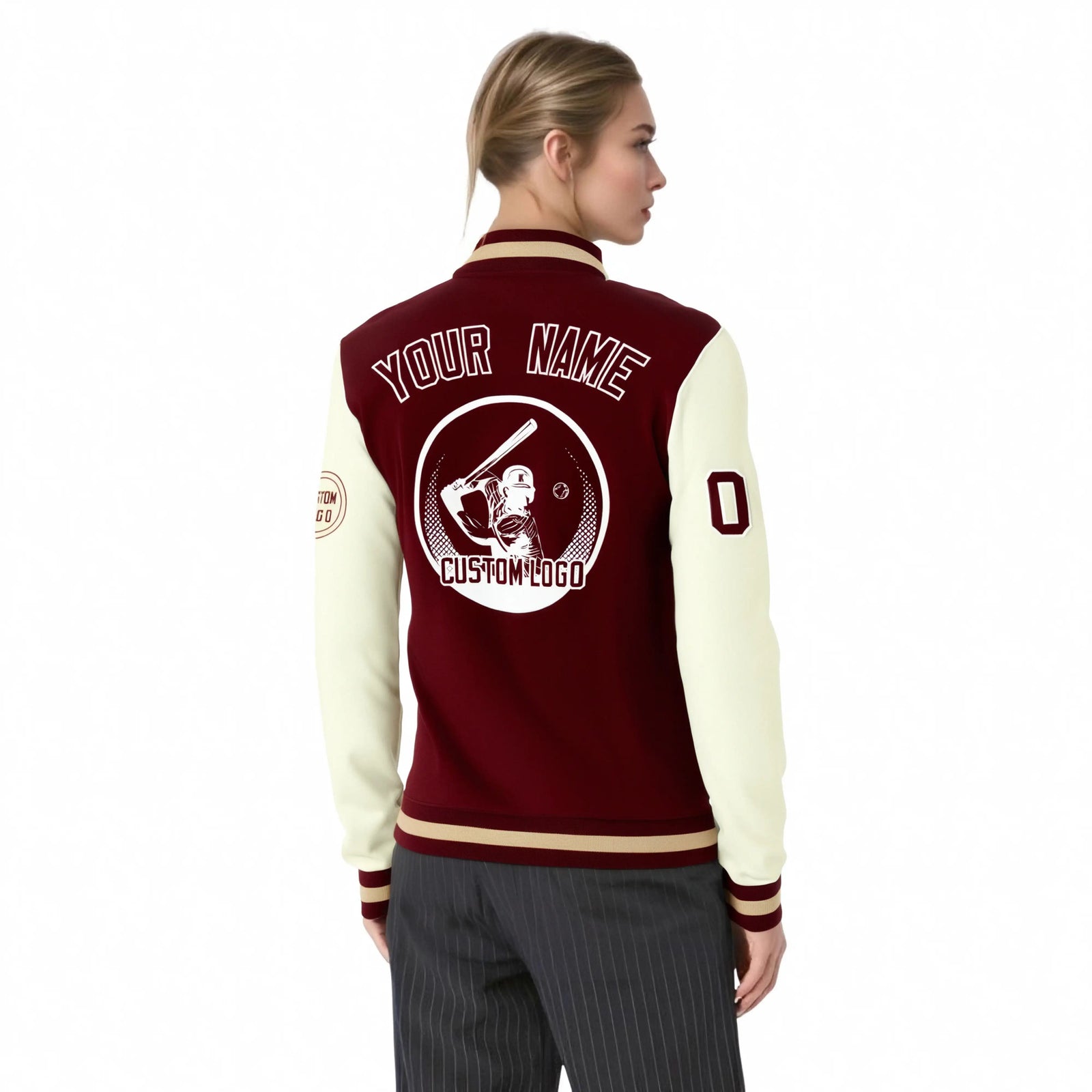 Custom Crimson Khaki Bomber Full-Snap Varsity Letterman Two Tone Jacket