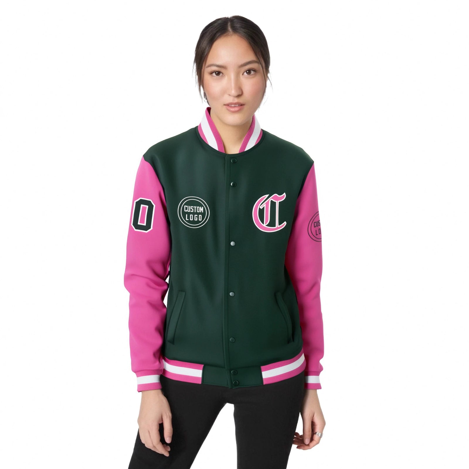 Custom Green Pink Bomber Full-Snap Varsity Letterman Two Tone Jacket