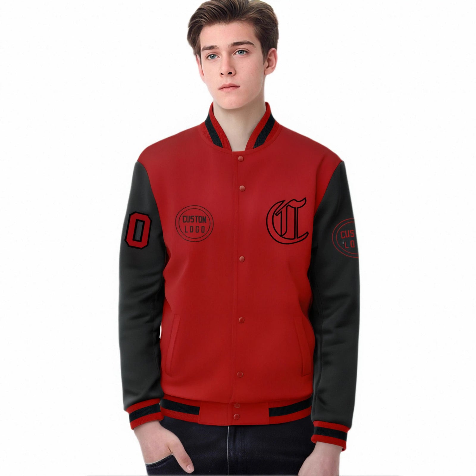 Custom Red Black Bomber Full-Snap Varsity Letterman Two Tone Jacket