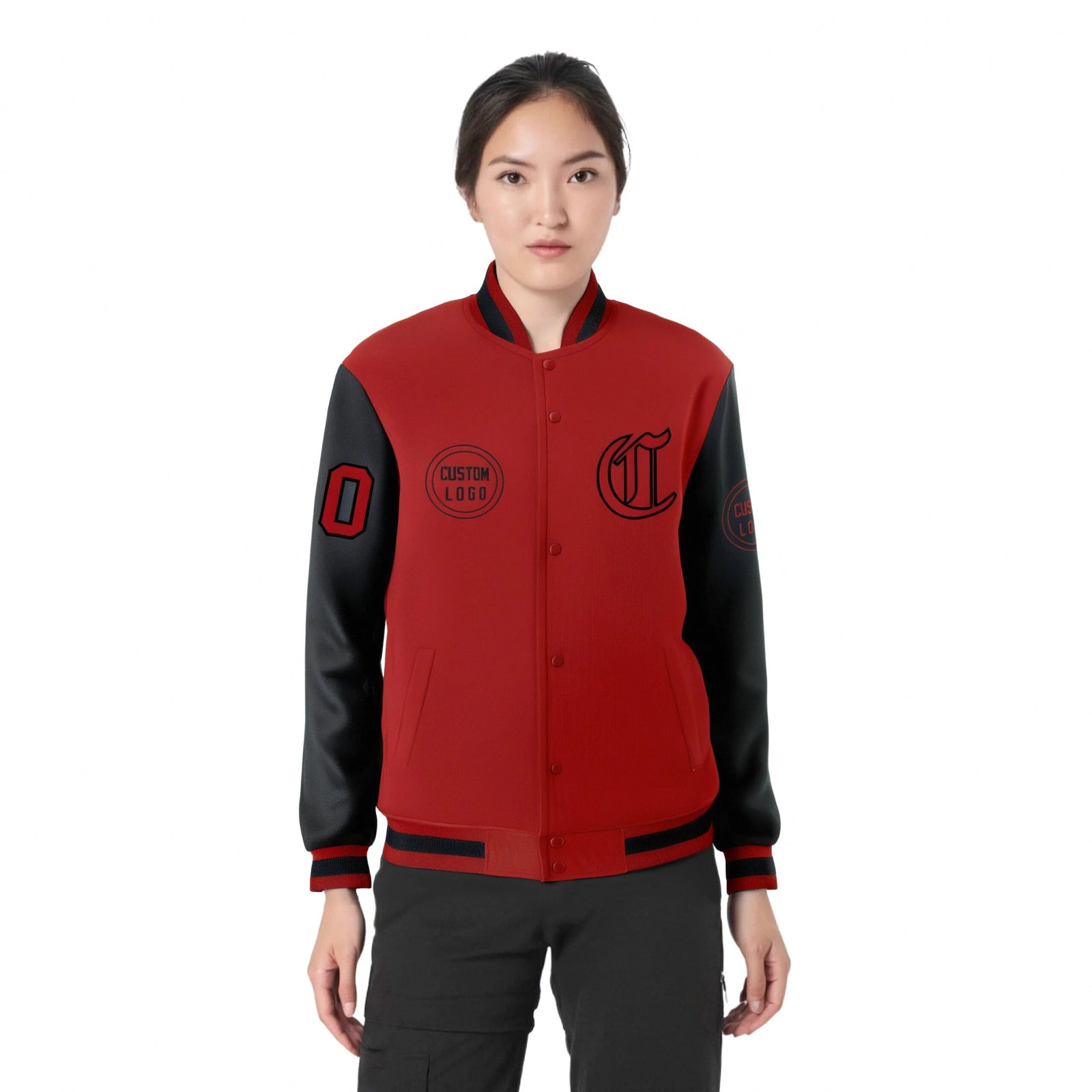 Custom Red Black Bomber Full-Snap Varsity Letterman Two Tone Jacket
