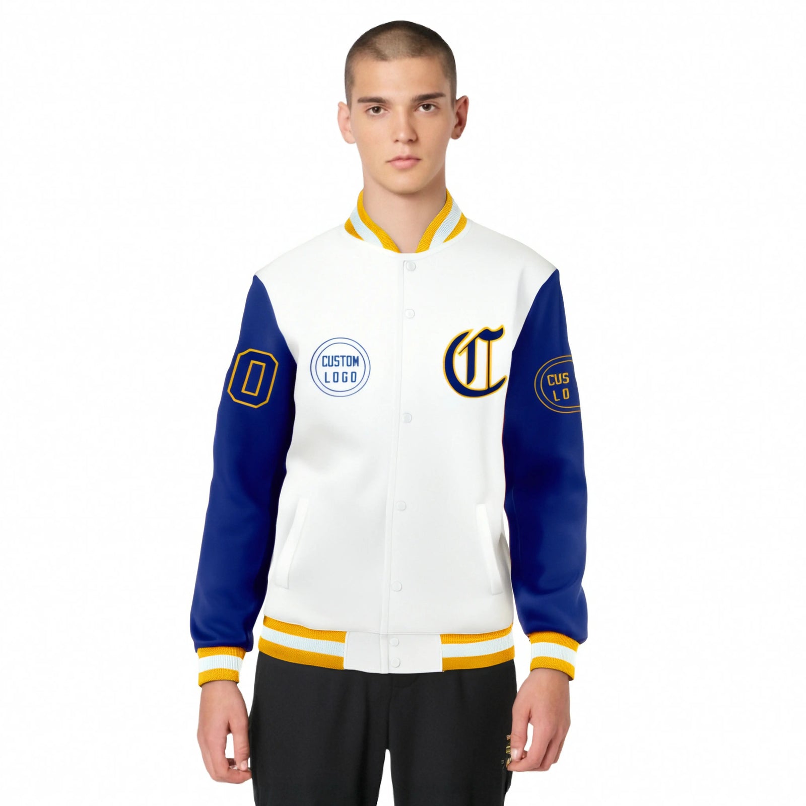 Custom White Royal Blue Bomber Full-Snap Varsity Letterman Two Tone Jacket