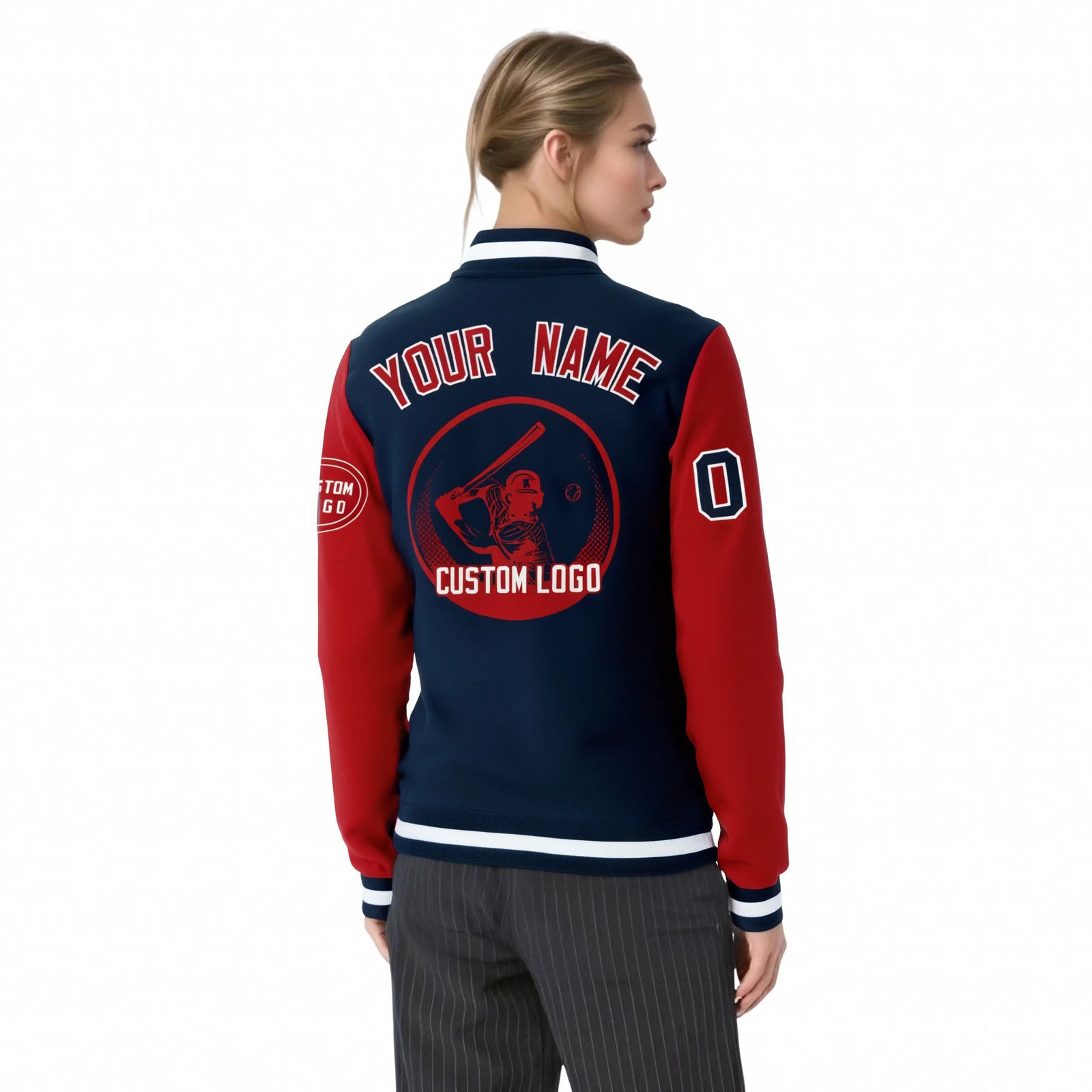 Custom Navy Red Bomber Full-Snap Varsity Letterman Two Tone Jacket