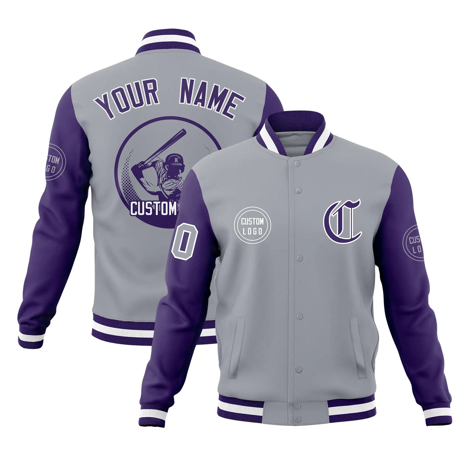Custom Gray Purple Bomber Full-Snap Varsity Letterman Two Tone Jacket