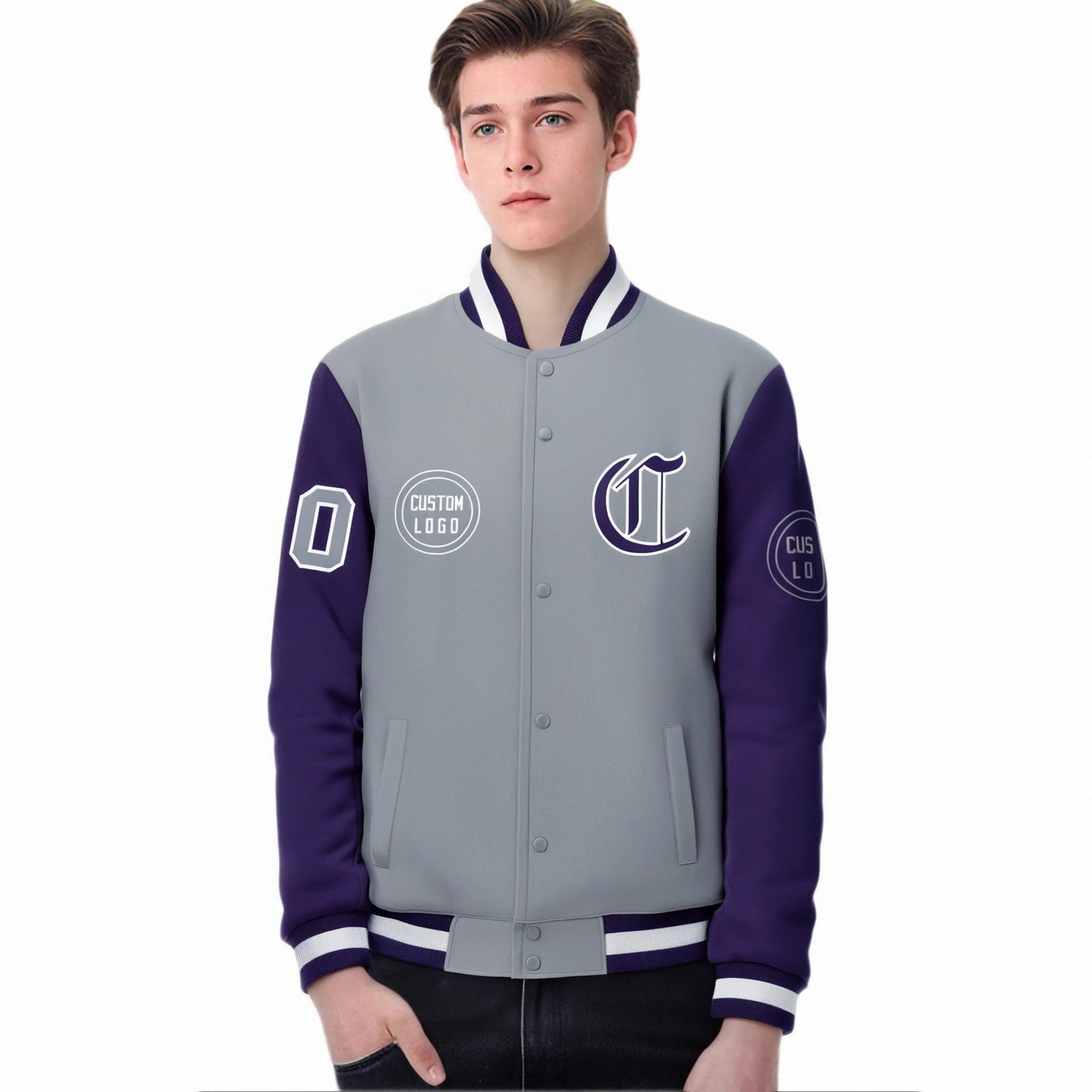 Custom Gray Purple Bomber Full-Snap Varsity Letterman Two Tone Jacket