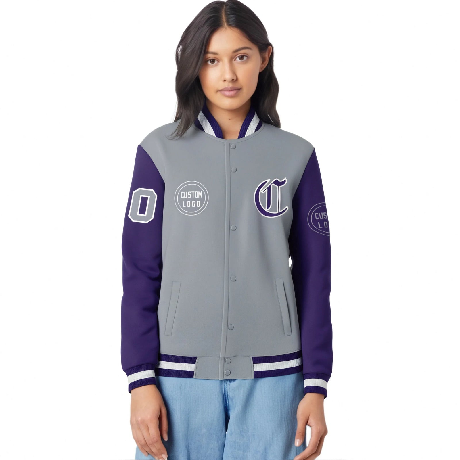 Custom Gray Purple Bomber Full-Snap Varsity Letterman Two Tone Jacket