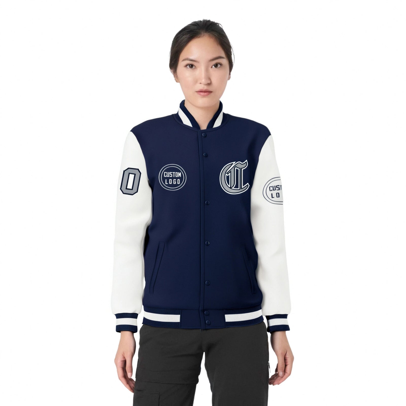 Custom Navy White Bomber Full-Snap Varsity Letterman Two Tone Jacket