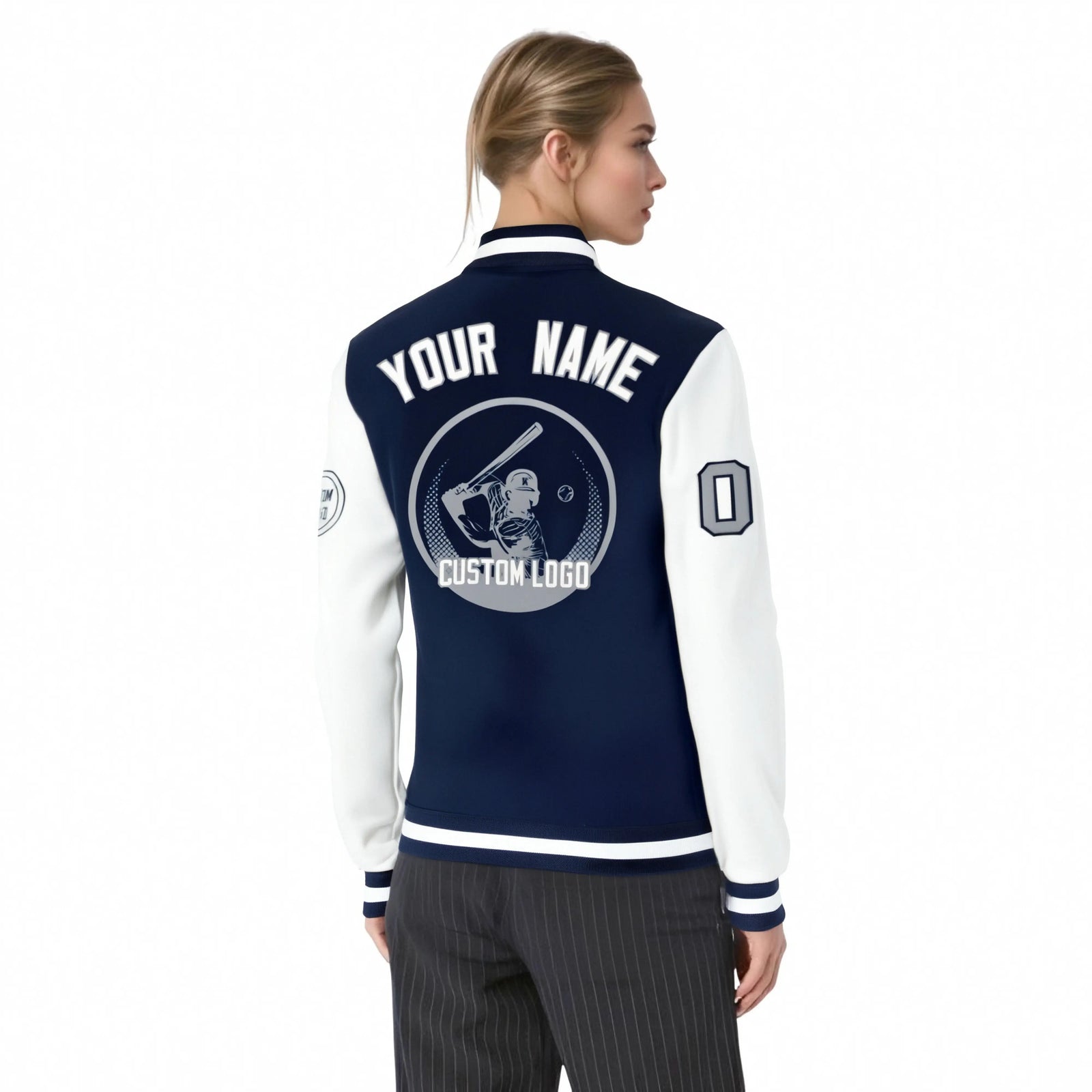 Custom Navy White Bomber Full-Snap Varsity Letterman Two Tone Jacket