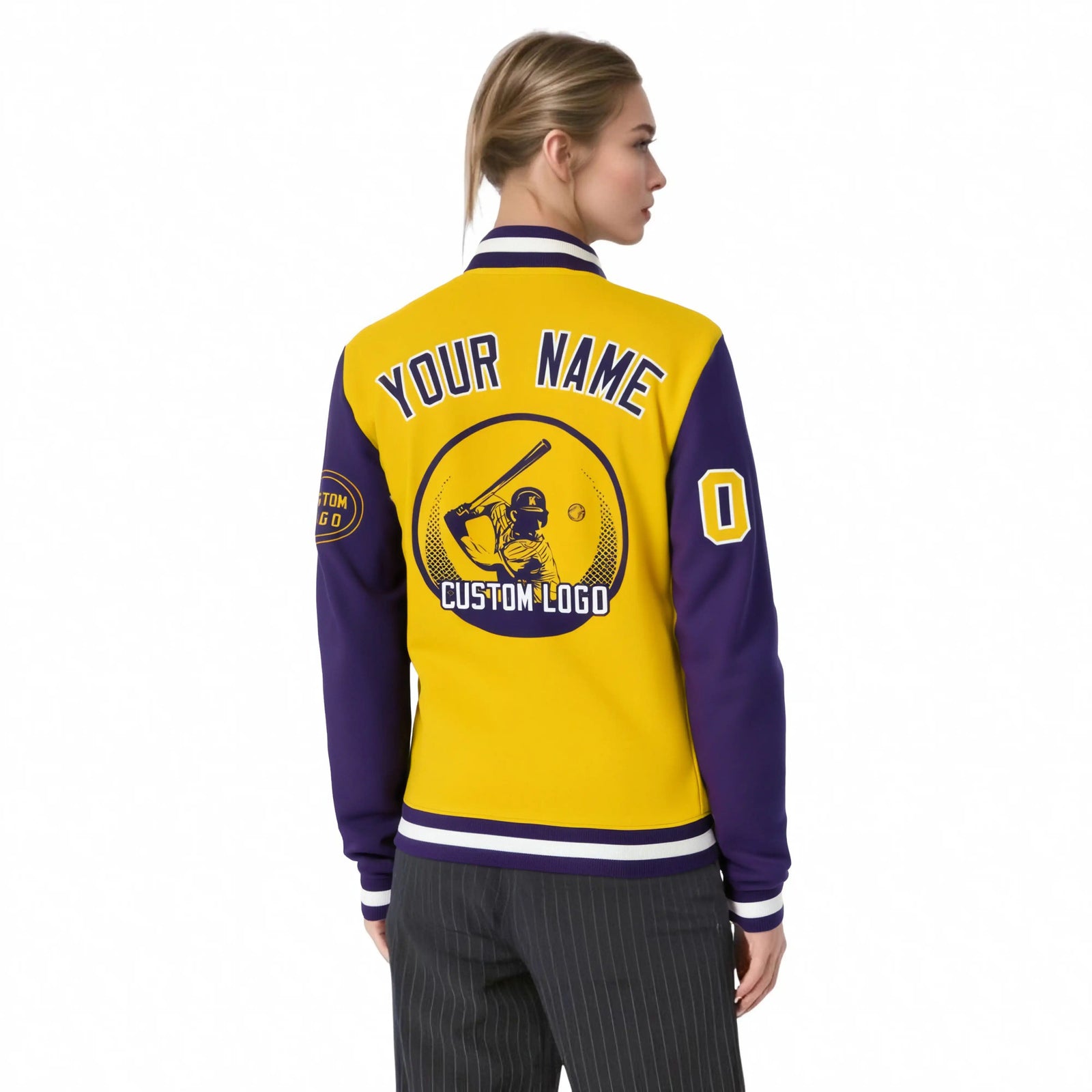 Custom Gold-1 Purple Bomber Full-Snap Varsity Letterman Two Tone Jacket