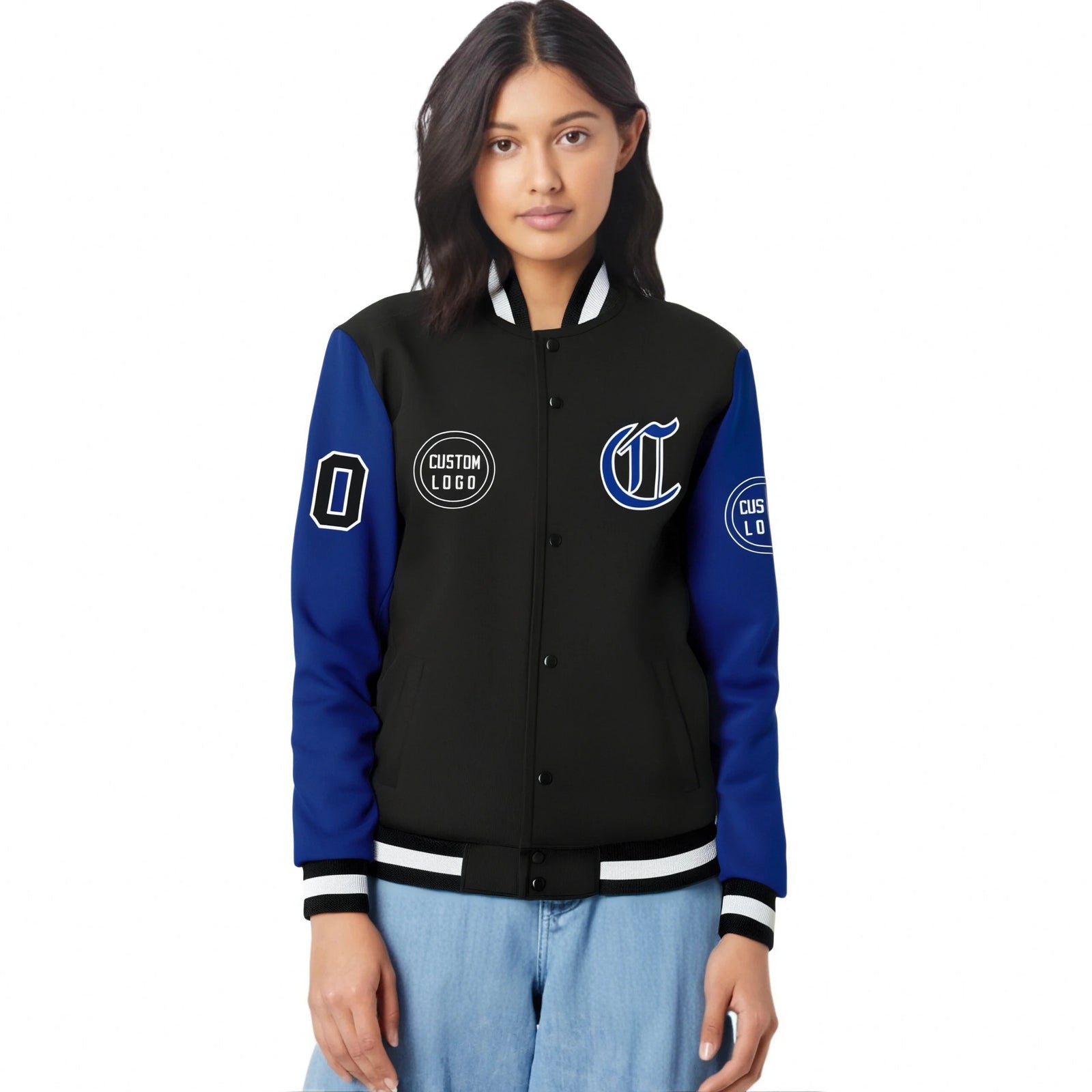 Custom Black Royal Blue Bomber Full-Snap Varsity Letterman Two Tone Jacket