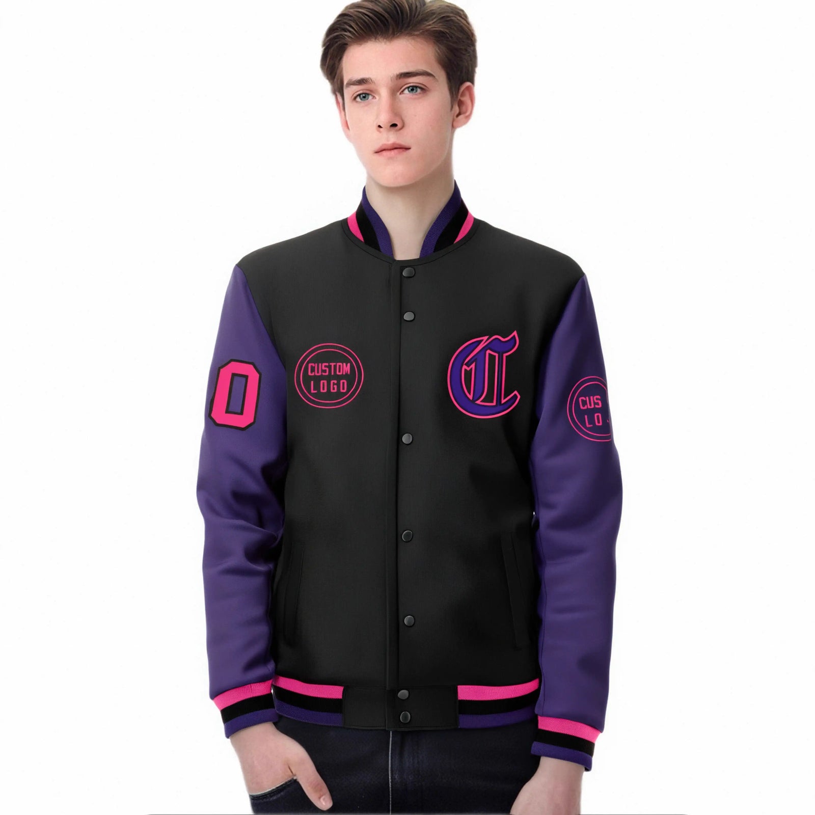 Custom Black Purple Bomber Full-Snap Varsity Letterman Two Tone Jacket