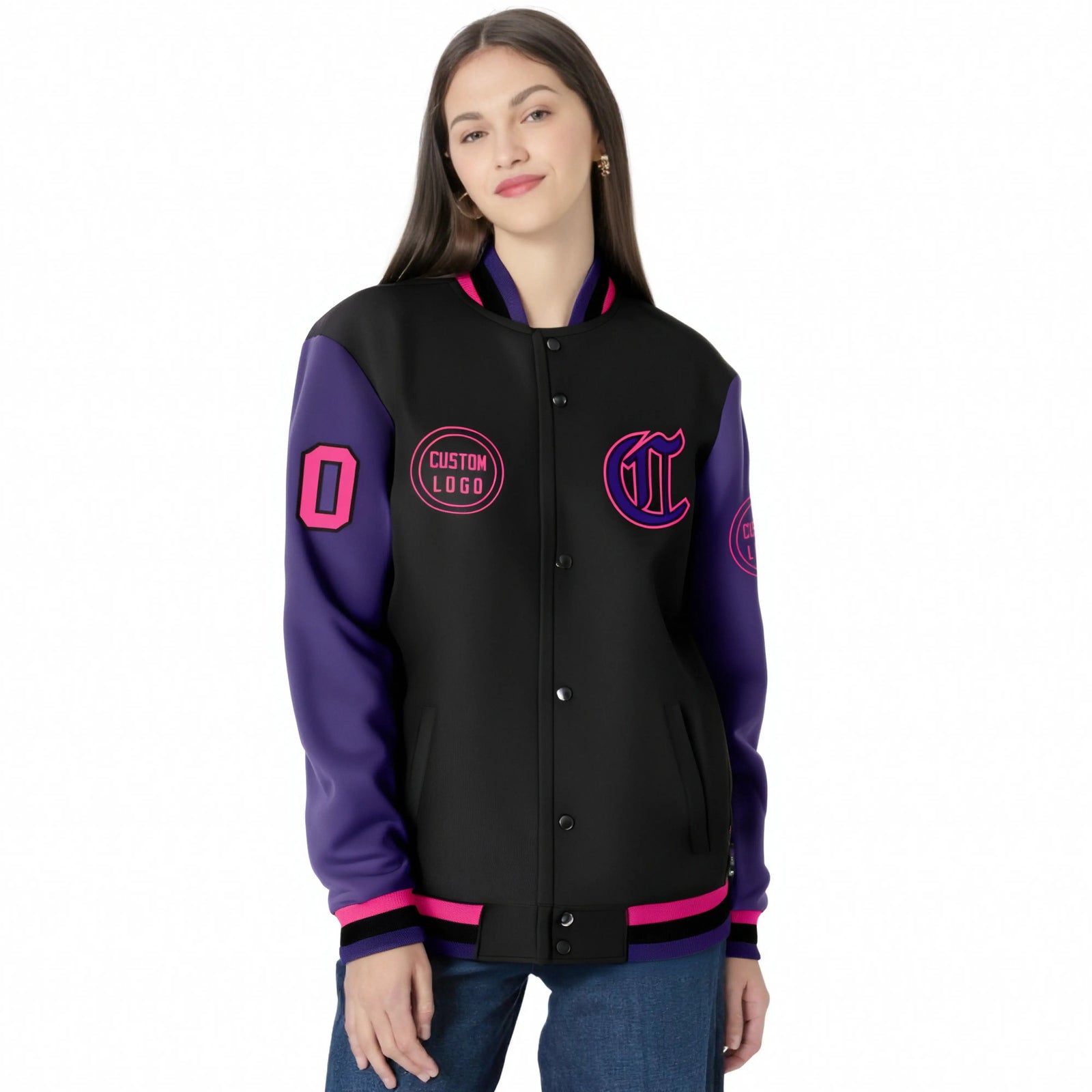 Custom Black Purple Bomber Full-Snap Varsity Letterman Two Tone Jacket