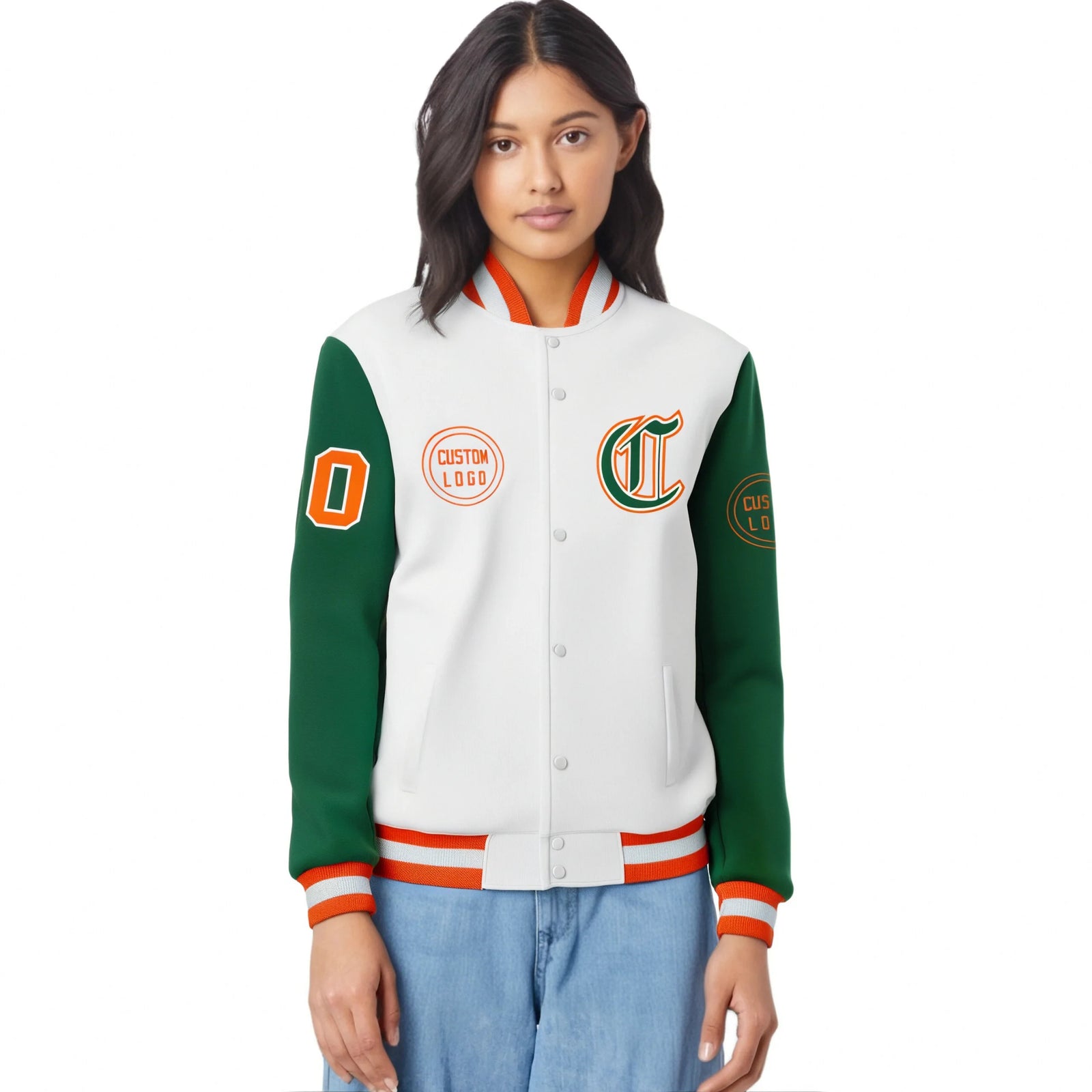 Custom White Green Bomber Full-Snap Varsity Letterman Two Tone Jacket