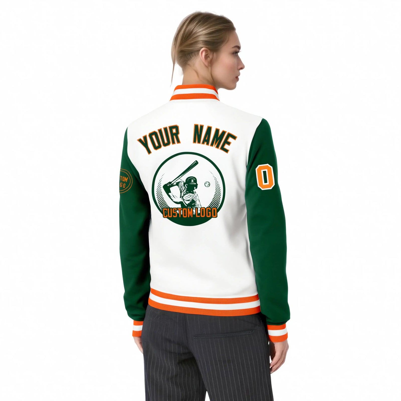Custom White Green Bomber Full-Snap Varsity Letterman Two Tone Jacket