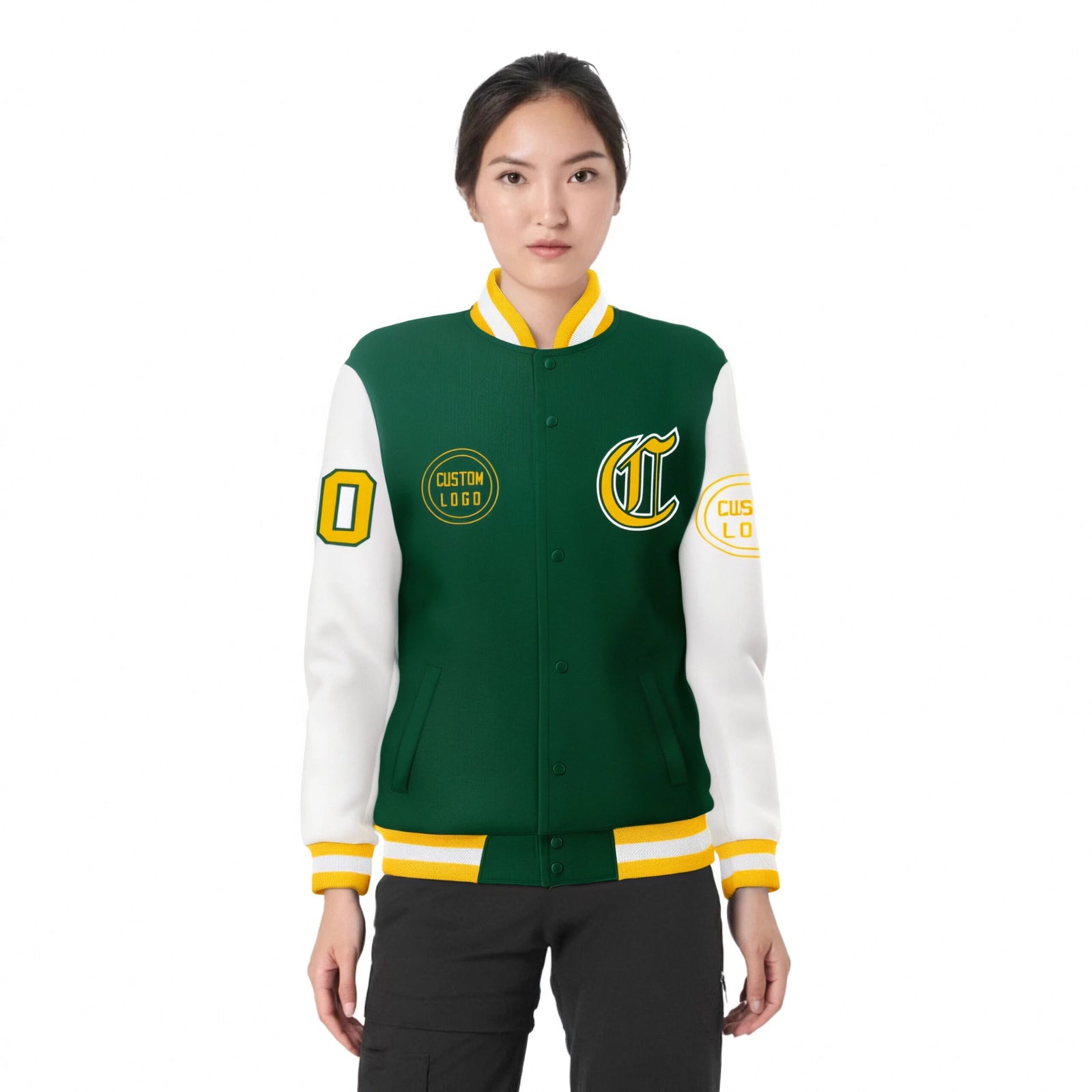 Custom Green White Bomber Full-Snap Varsity Letterman Two Tone Jacket