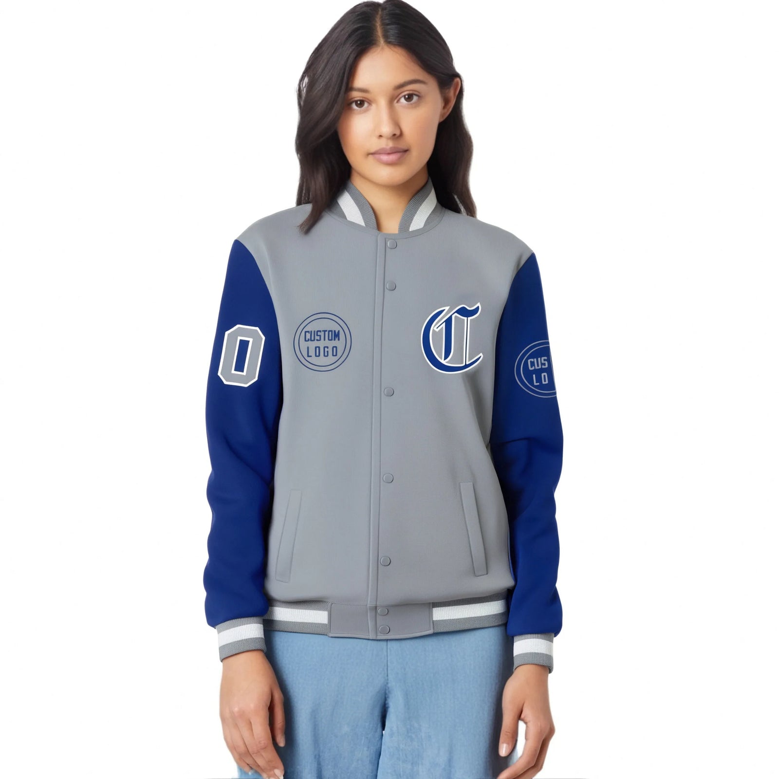 Custom Gray Royal Blue Bomber Full-Snap Varsity Letterman Two Tone Jacket