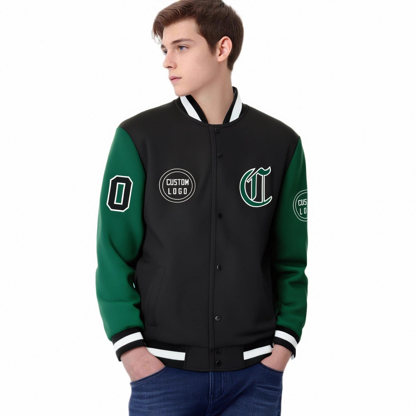 Custom Black Green Bomber Full-Snap Varsity Letterman Two Tone Jacket