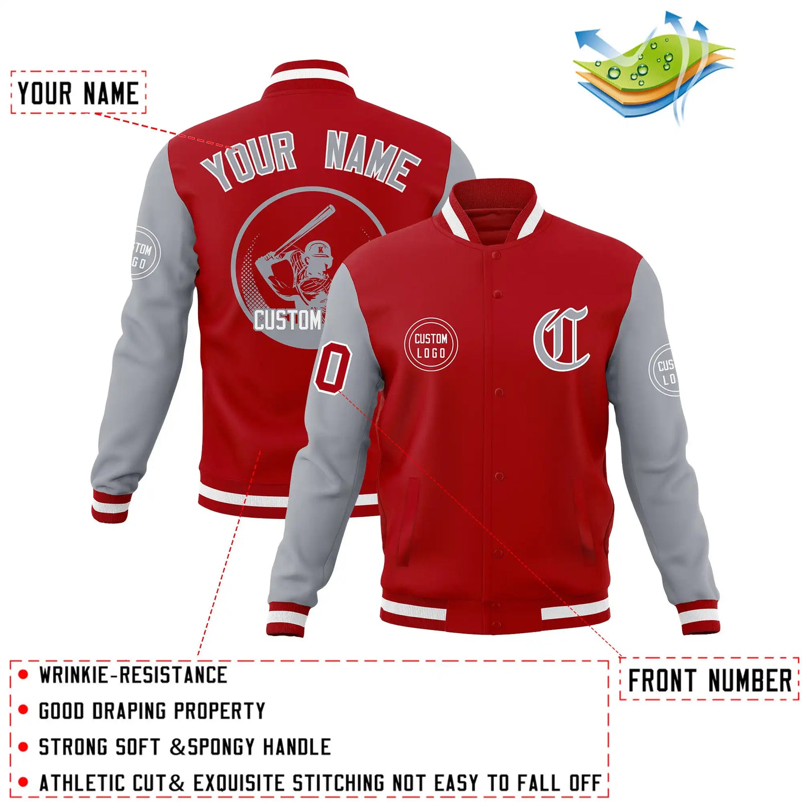 Custom Red Gray Bomber Full-Snap Varsity Letterman Two Tone Jacket
