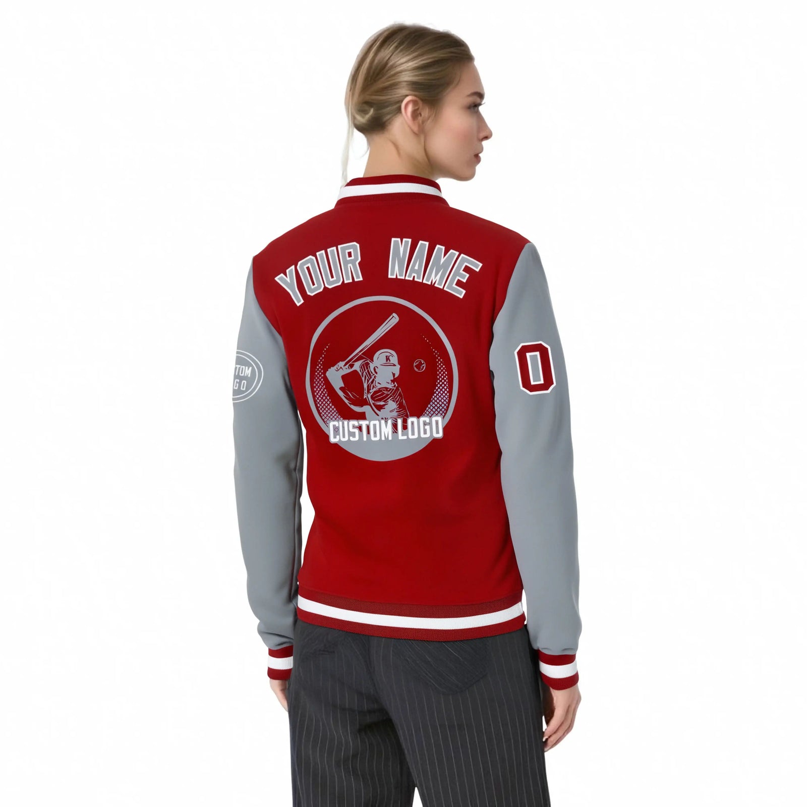 Custom Red Gray Bomber Full-Snap Varsity Letterman Two Tone Jacket
