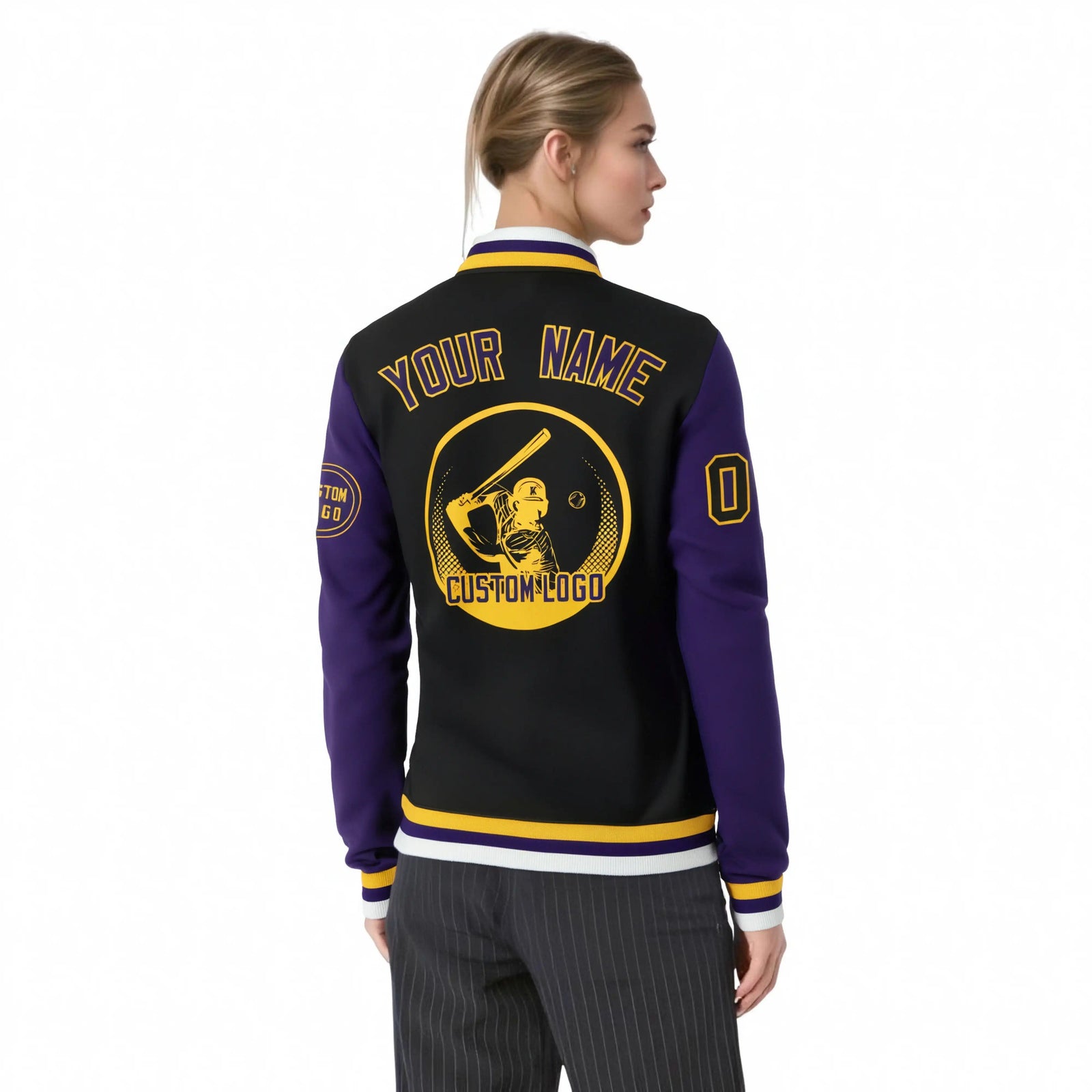 Custom Black Purple Bomber Full-Snap Varsity Letterman Two Tone Jacket