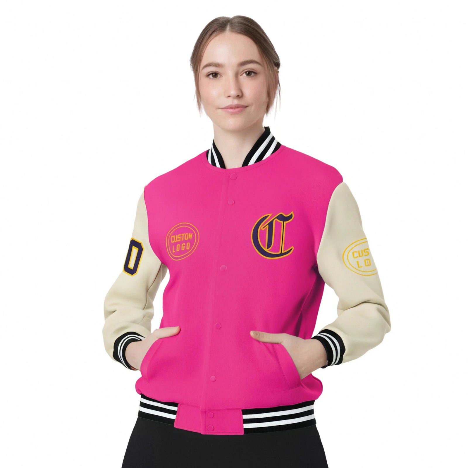 Custom Pink Cream Bomber Full-Snap Varsity Letterman Two Tone Jacket