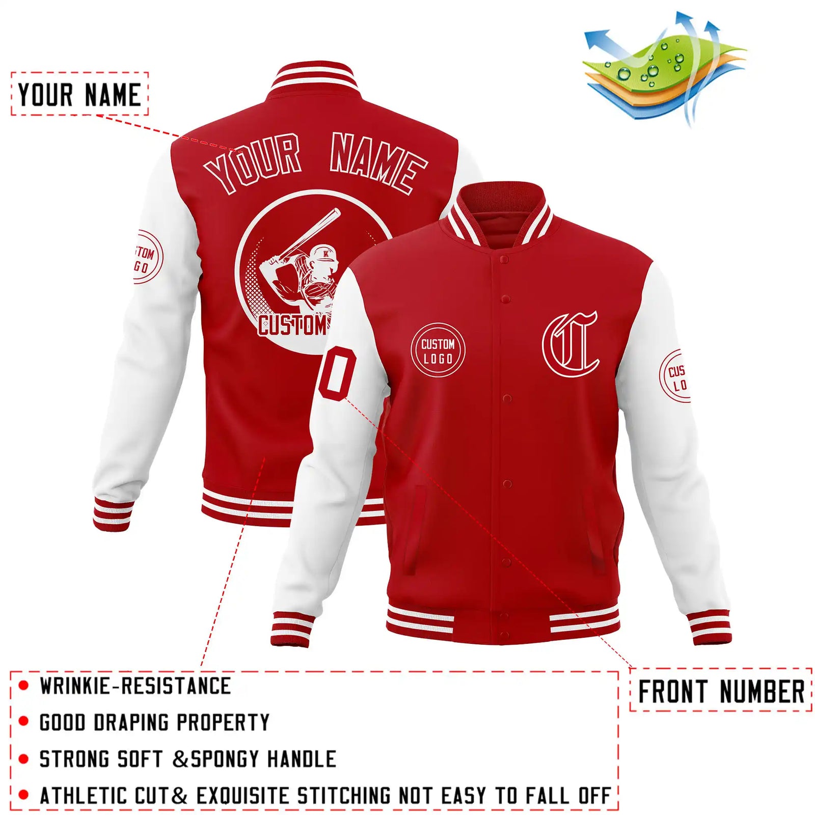 Custom Red White Bomber Full-Snap Varsity Letterman Two Tone Jacket