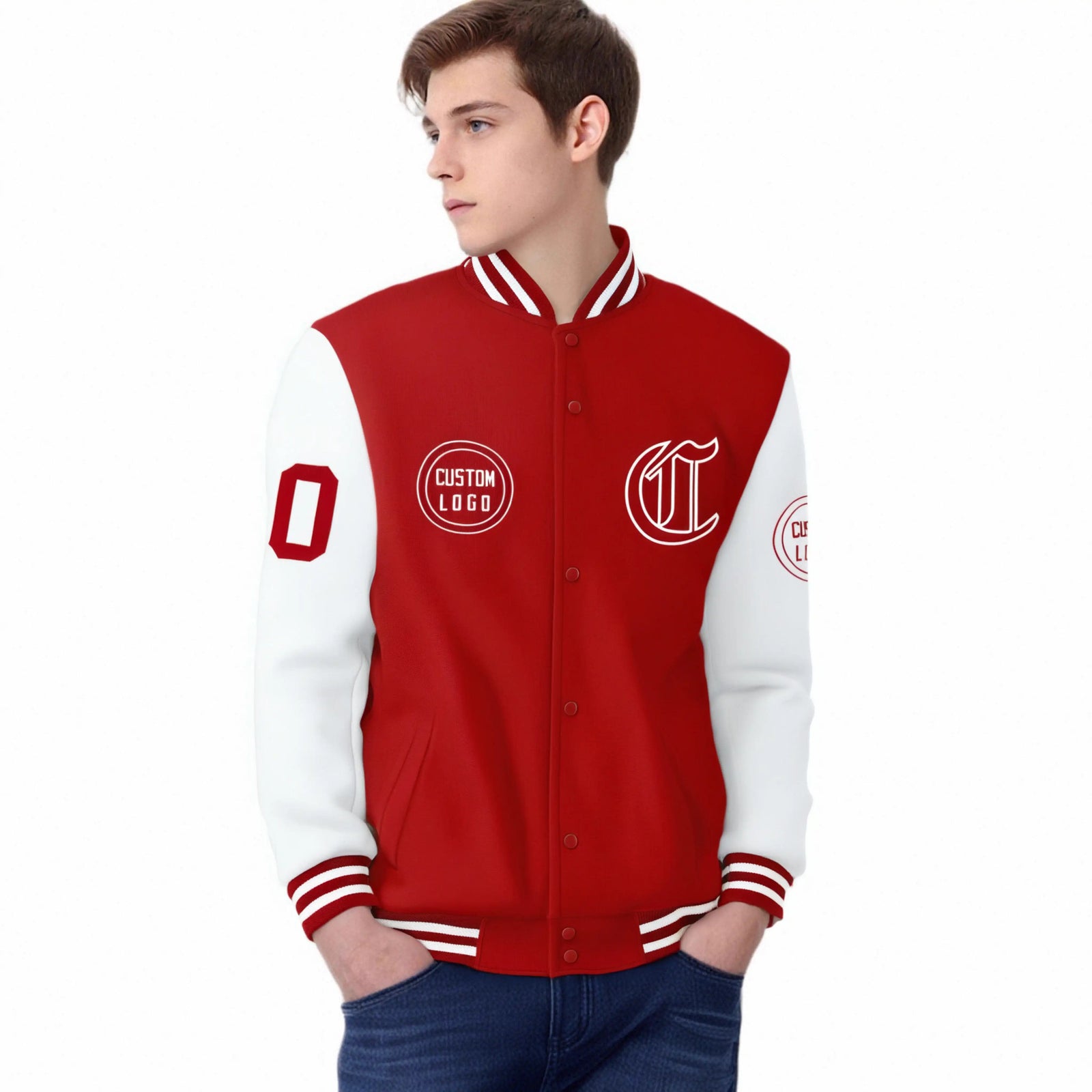 Custom Red White Bomber Full-Snap Varsity Letterman Two Tone Jacket