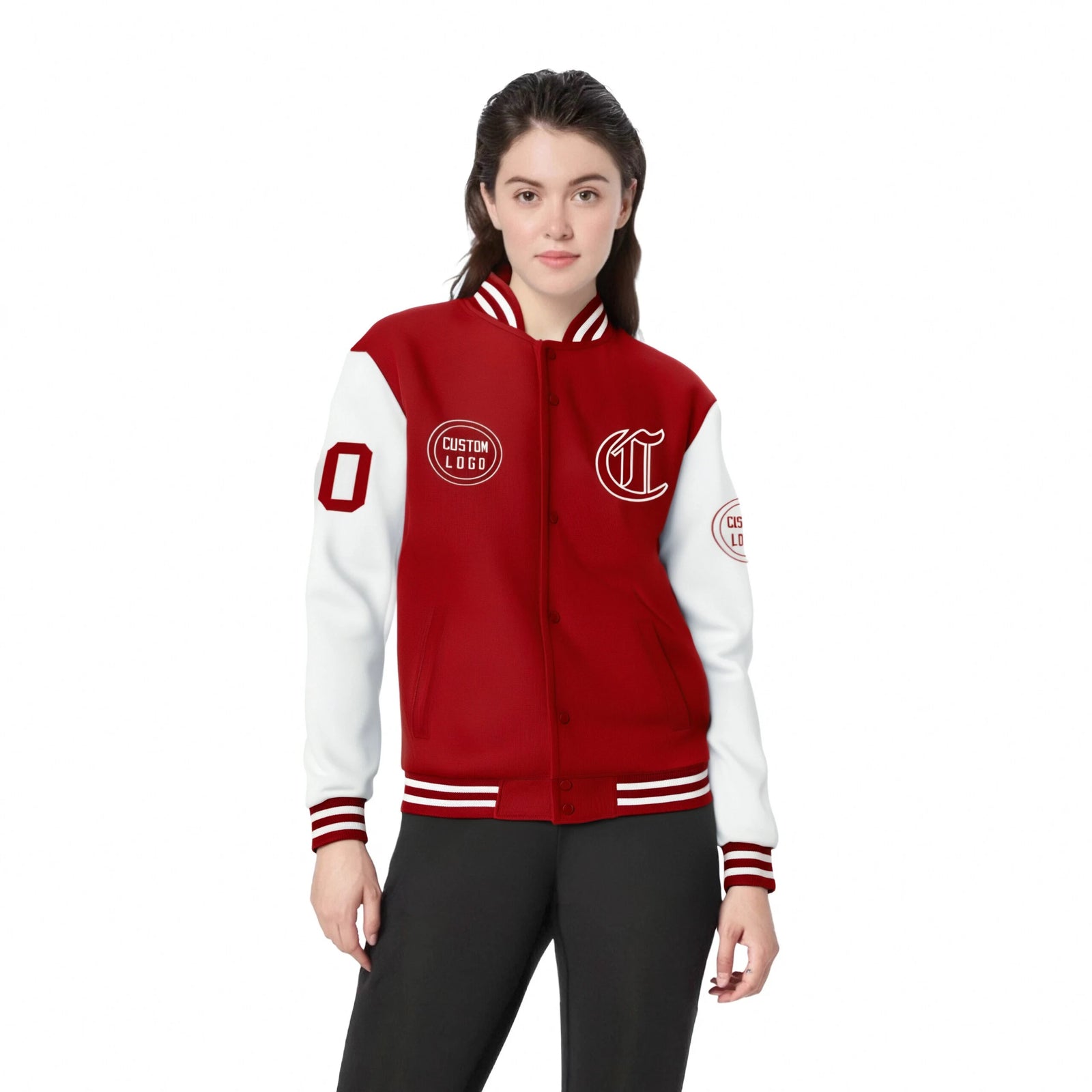 Custom Red White Bomber Full-Snap Varsity Letterman Two Tone Jacket