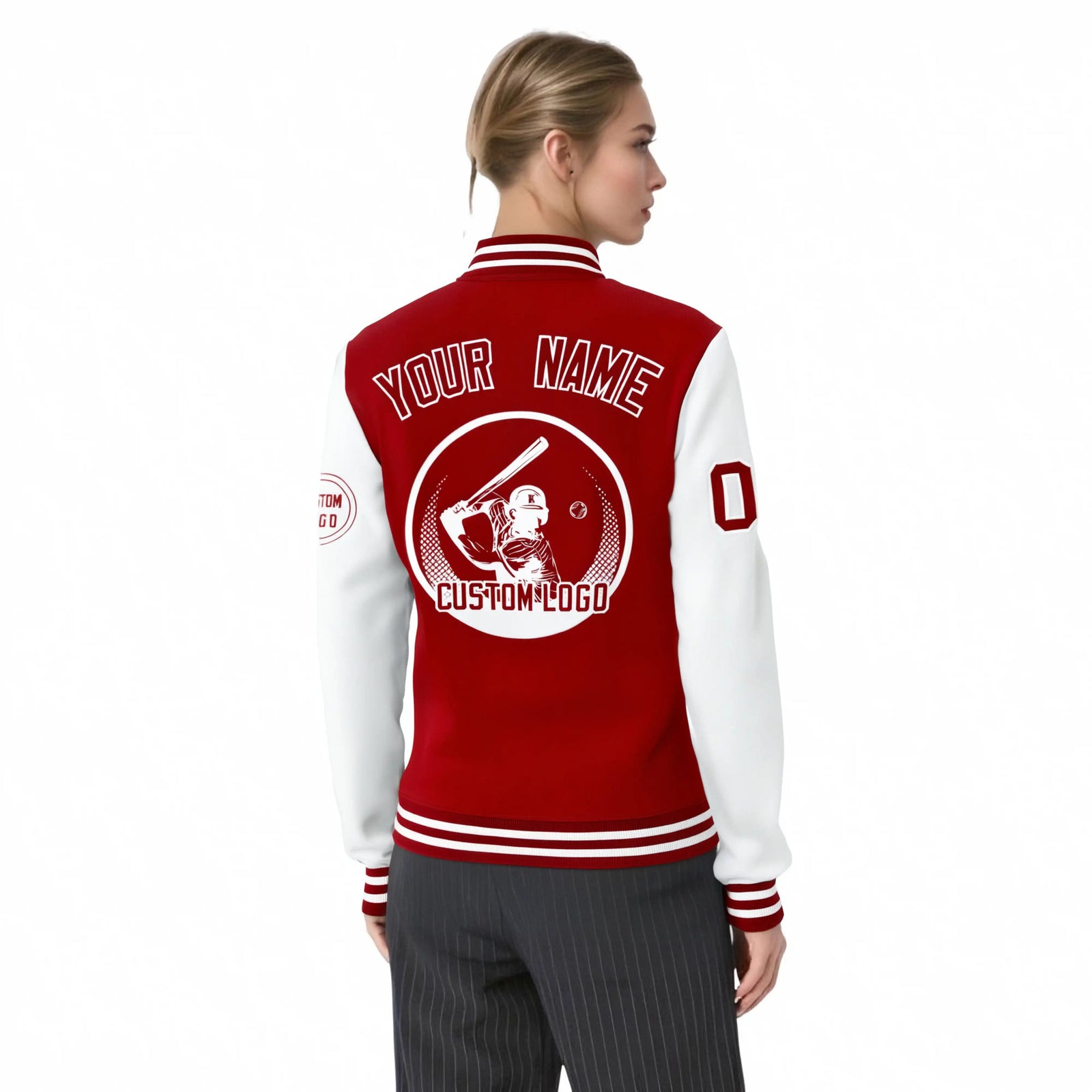 Custom Red White Bomber Full-Snap Varsity Letterman Two Tone Jacket