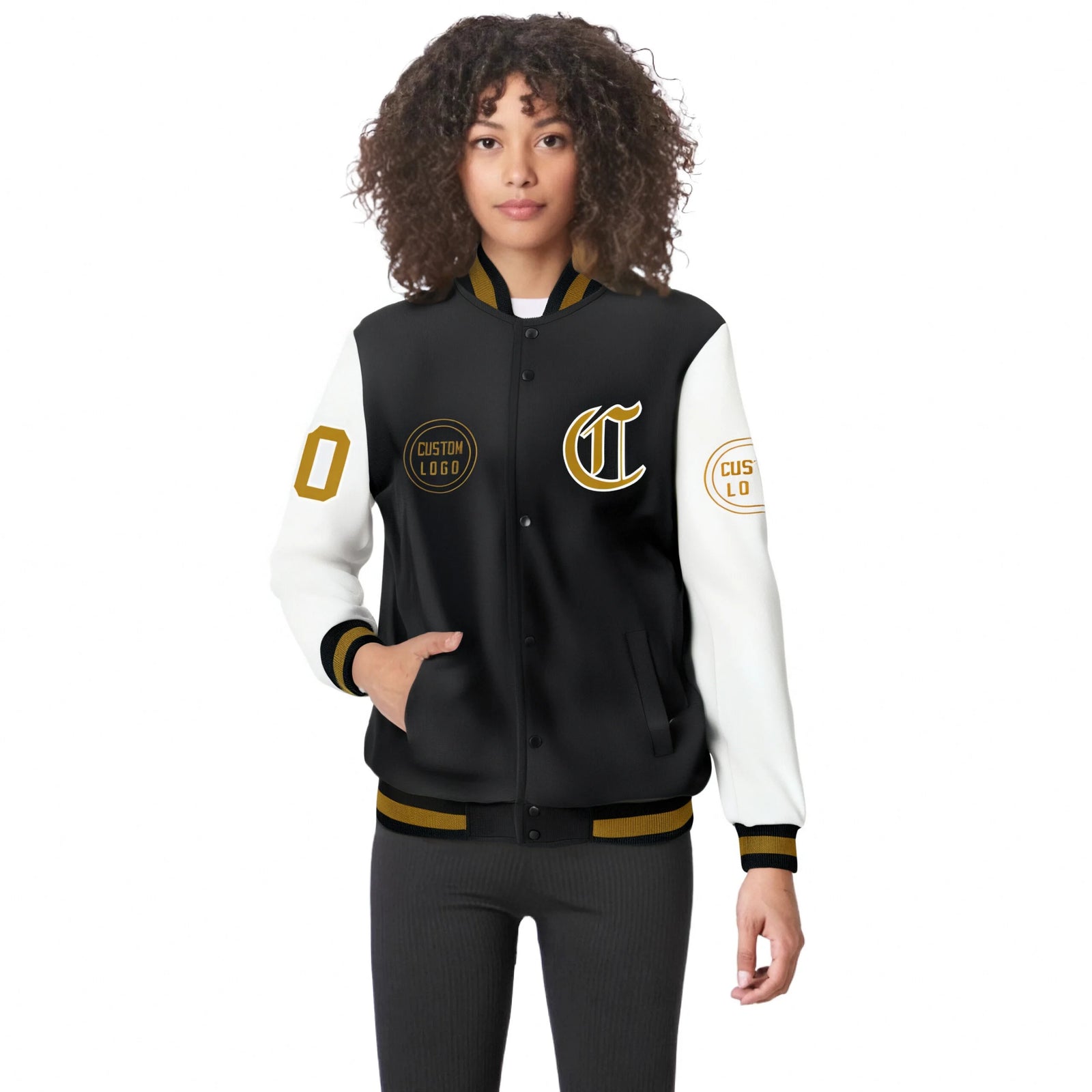 Custom Black White Bomber Full-Snap Varsity Letterman Two Tone Jacket