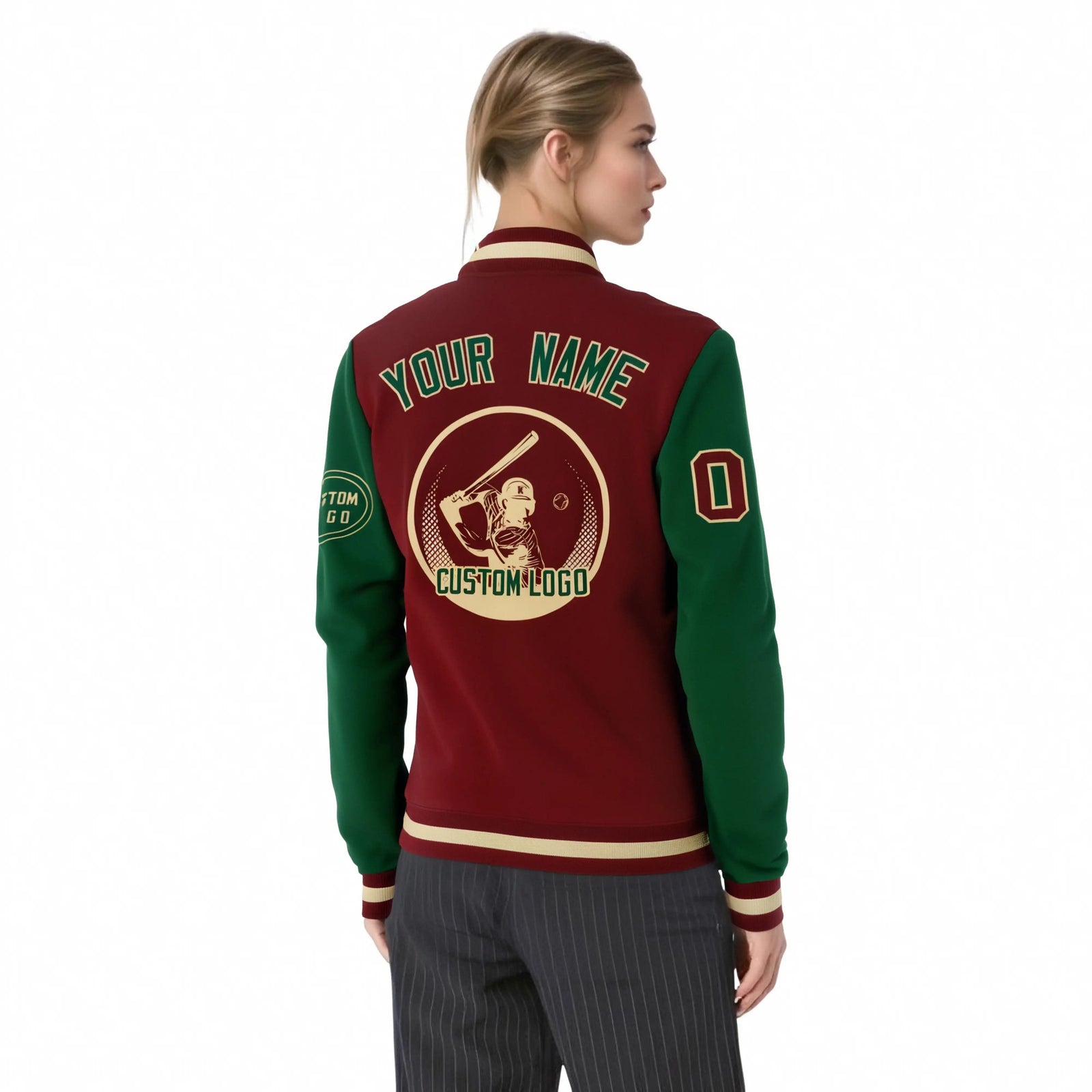 Custom Crimson Green Bomber Full-Snap Varsity Letterman Two Tone Jacket