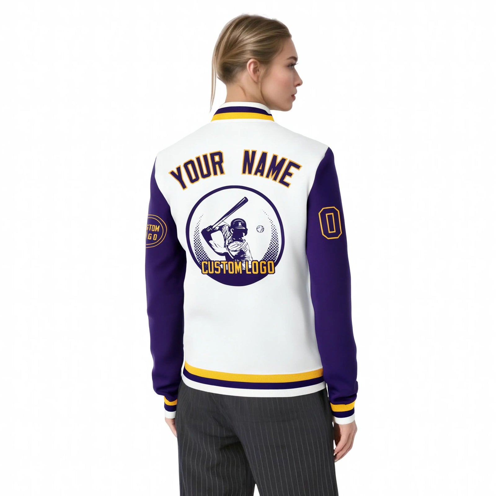 Custom White Purple Bomber Full-Snap Varsity Letterman Two Tone Jacket