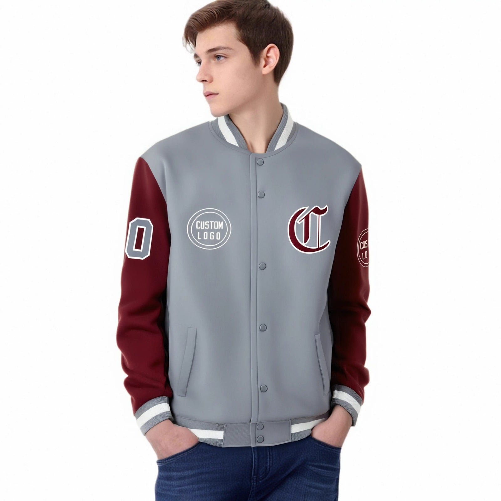 Custom Gray Crimson Bomber Full-Snap Varsity Letterman Two Tone Jacket