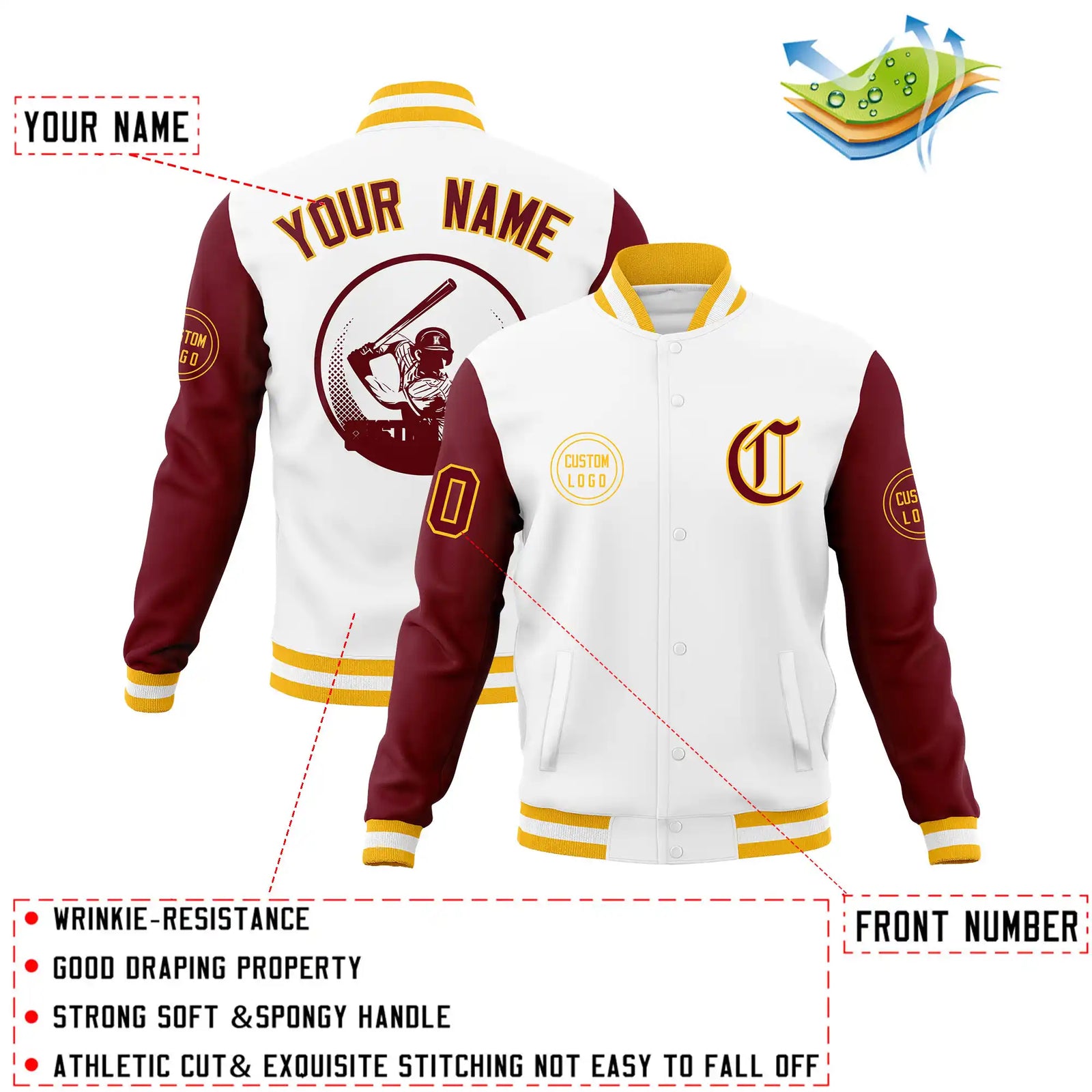 Custom White Crimson Bomber Full-Snap Varsity Letterman Two Tone Jacket