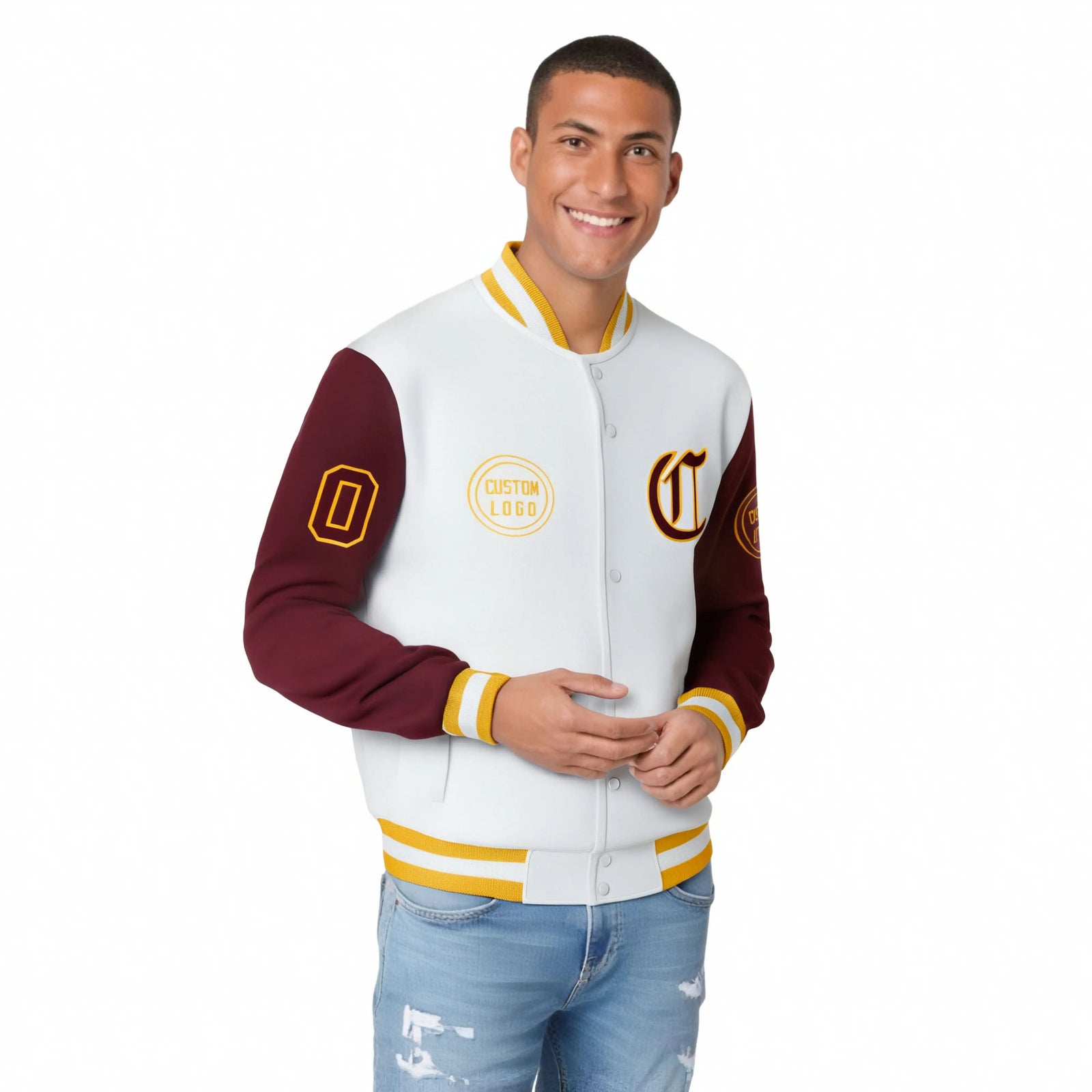 Custom White Crimson Bomber Full-Snap Varsity Letterman Two Tone Jacket