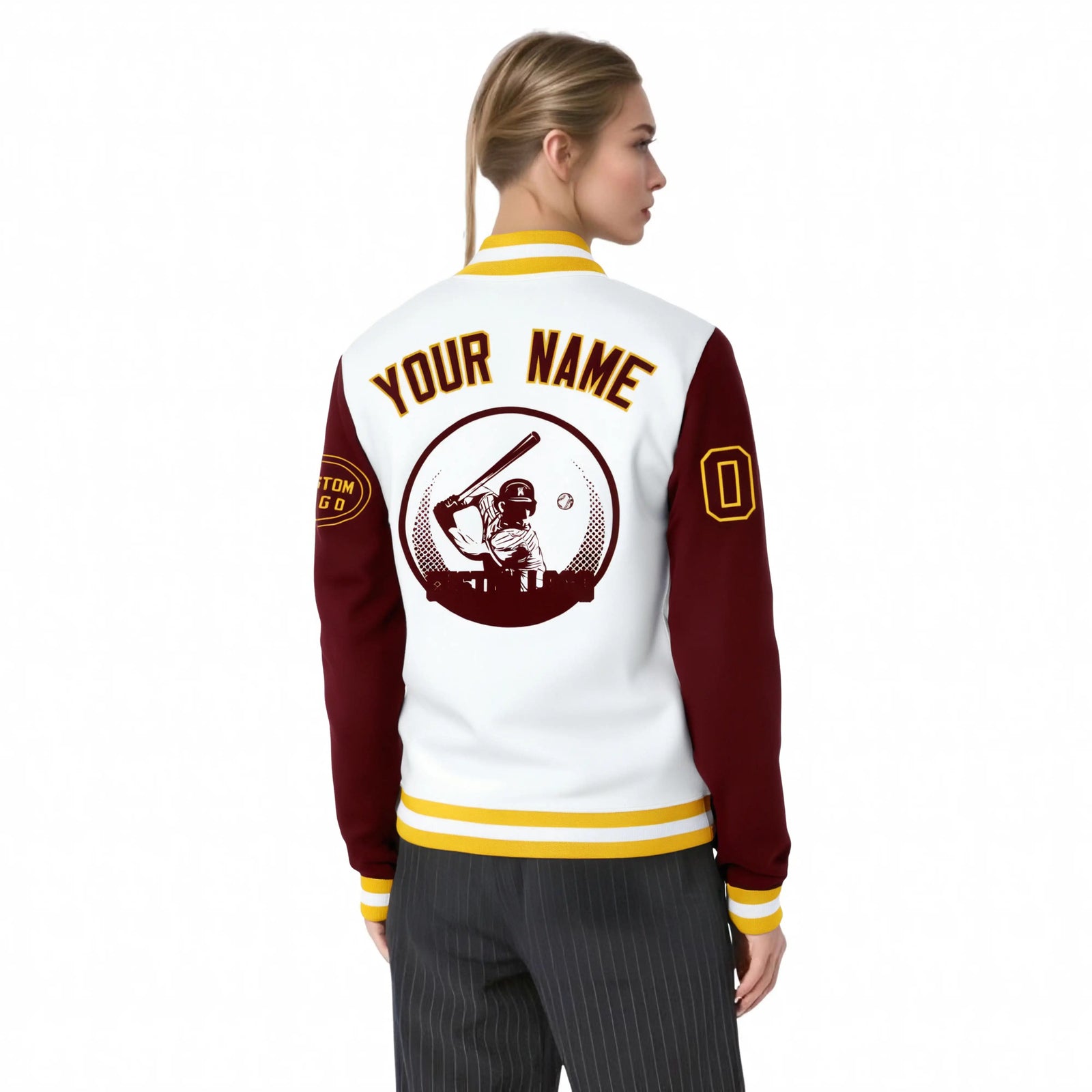 Custom White Crimson Bomber Full-Snap Varsity Letterman Two Tone Jacket