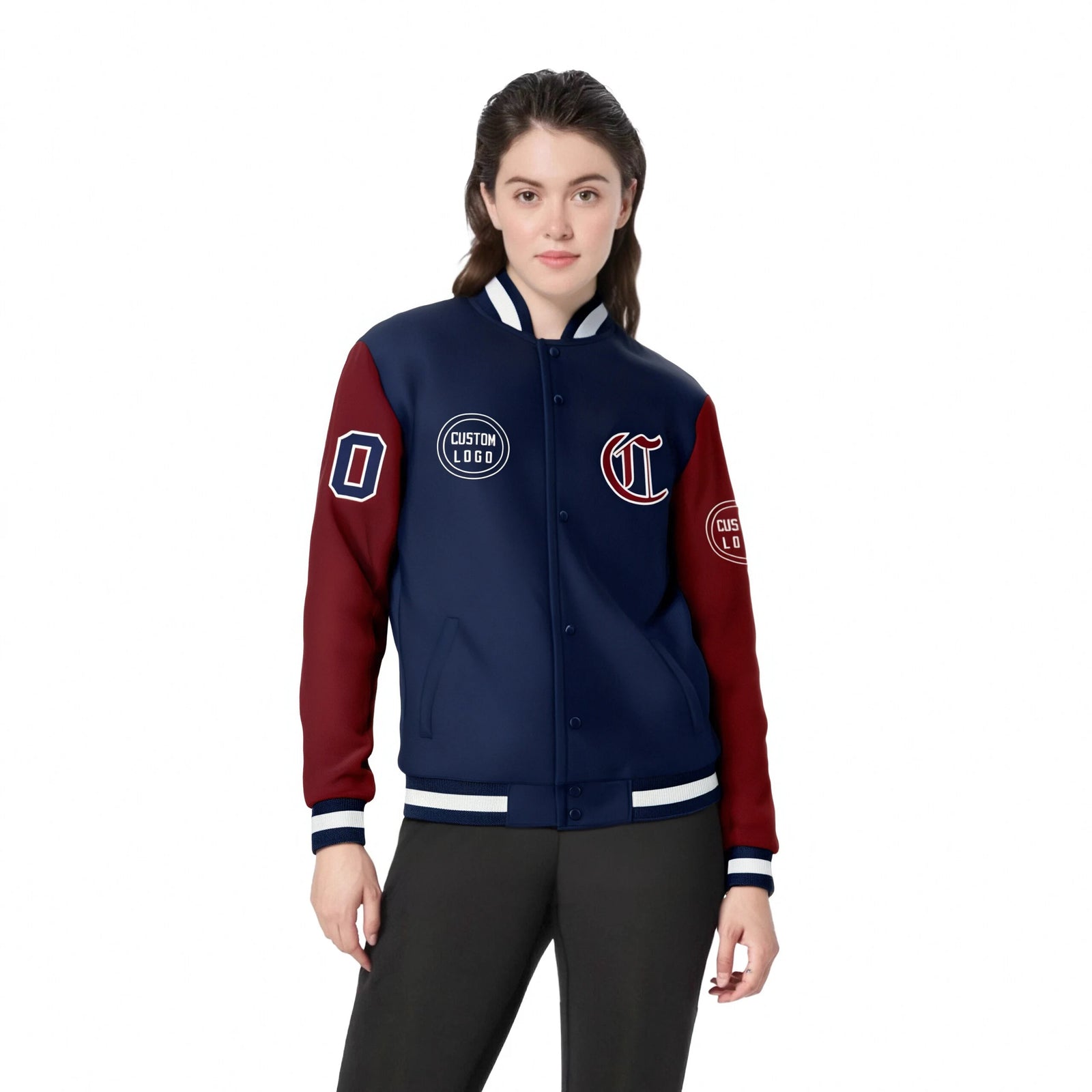 Custom Navy Crimson Bomber Full-Snap Varsity Letterman Two Tone Jacket