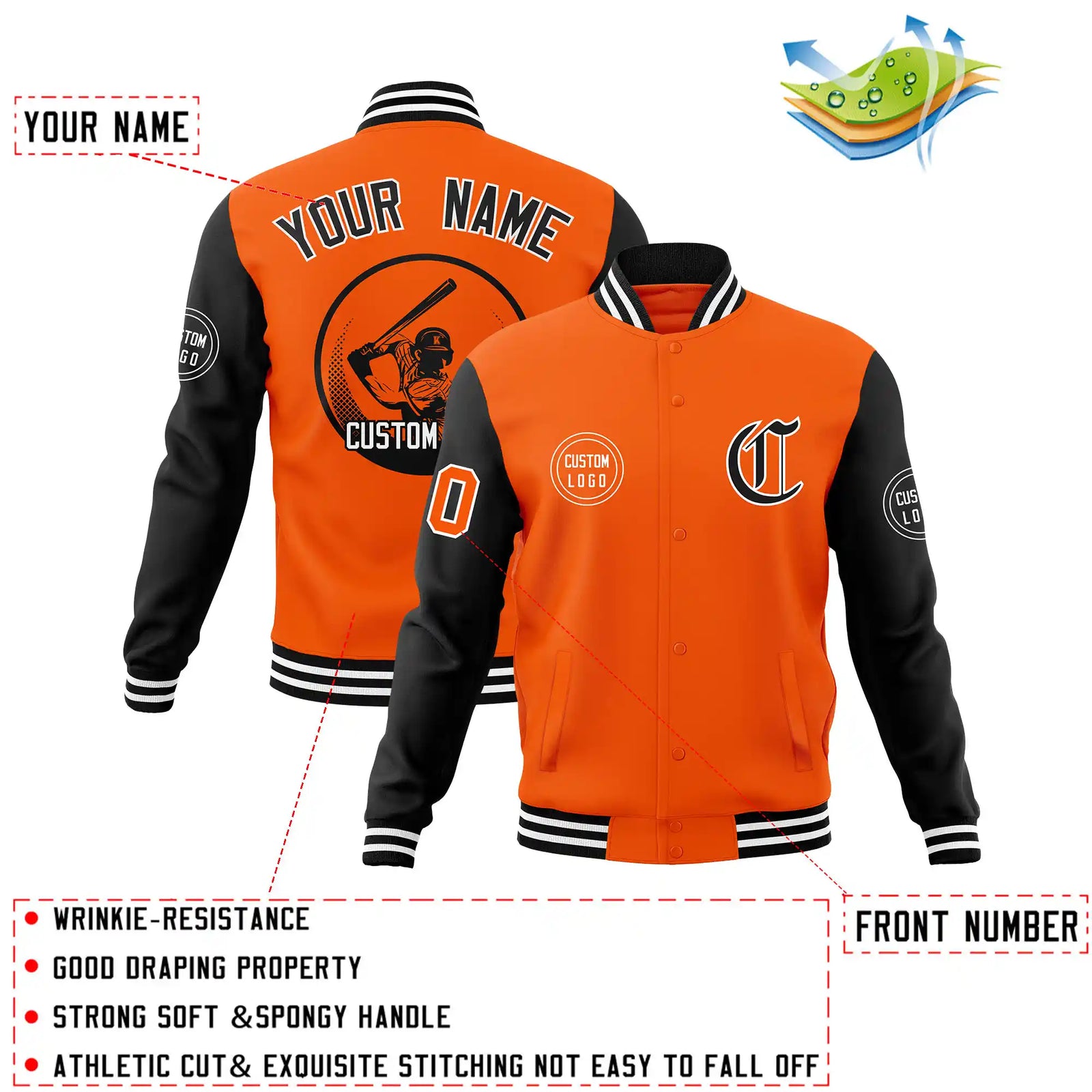 Custom Orange Black Bomber Full-Snap Varsity Letterman Two Tone Jacket