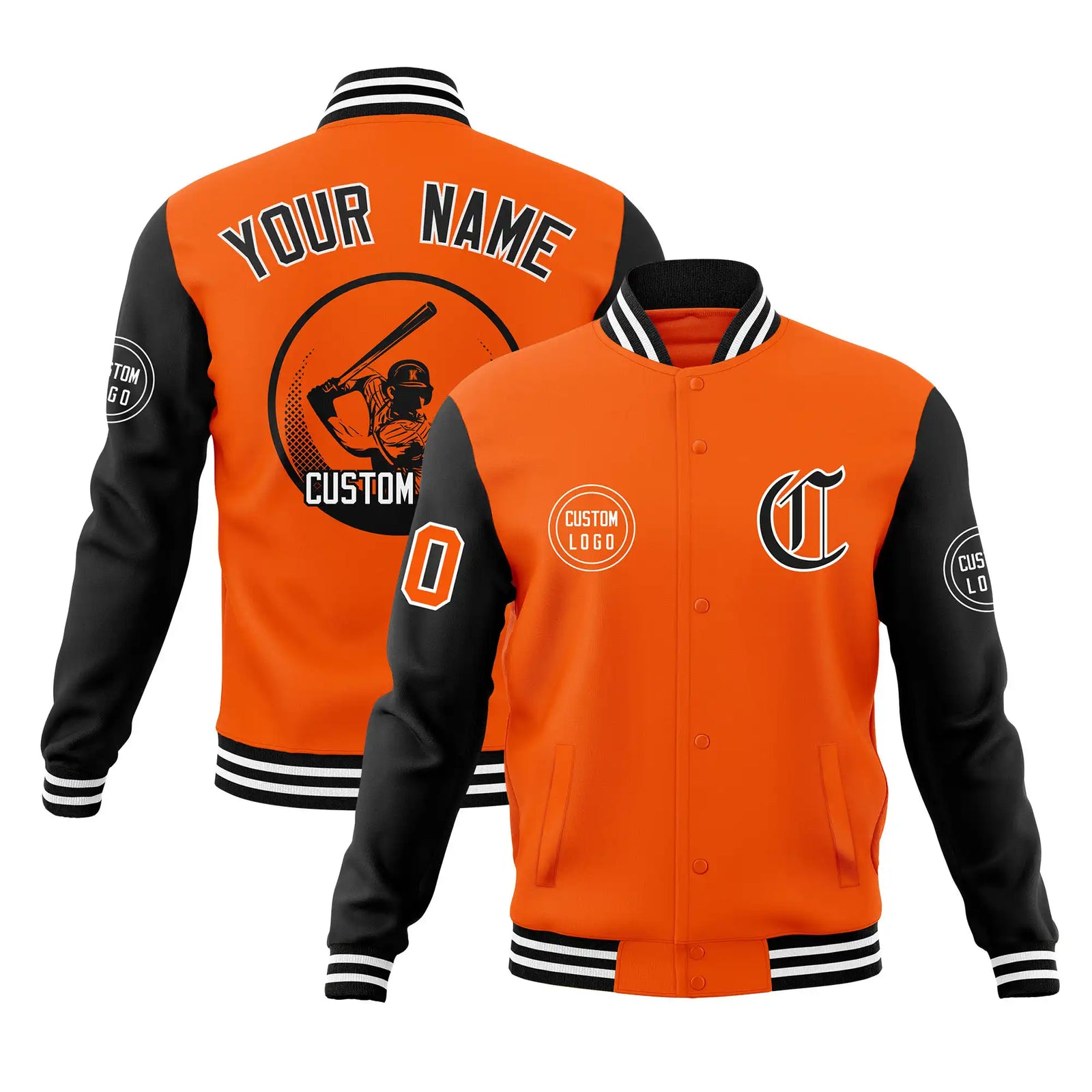 Custom Orange Black Bomber Full-Snap Varsity Letterman Two Tone Jacket